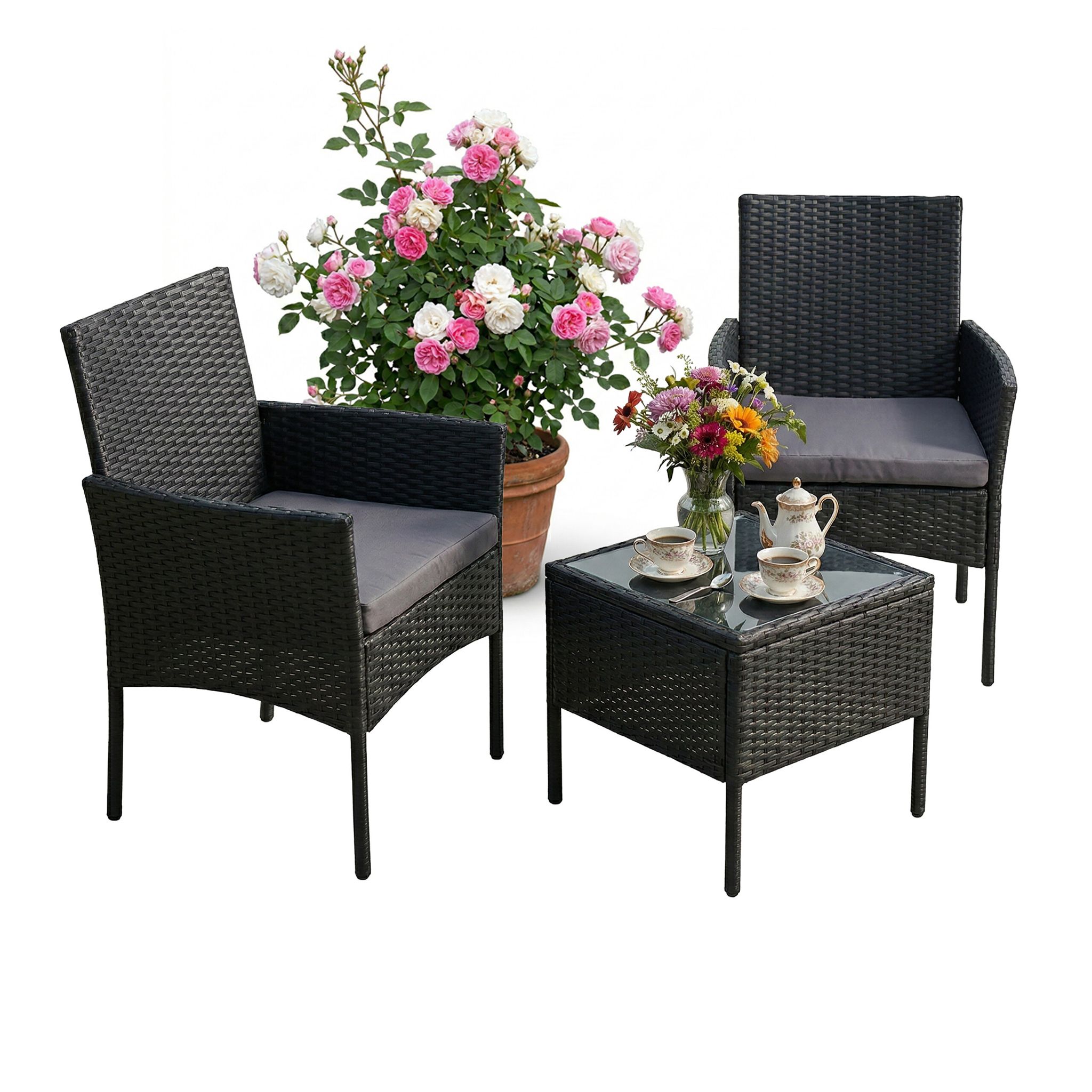 Relaxdays Gartenmöbel Set, 3-tlg. Rattan Sitzgruppe, 2 Personen, 2x Sessel & Glastisch, Loungemöbel, Outdoor, Schwarz