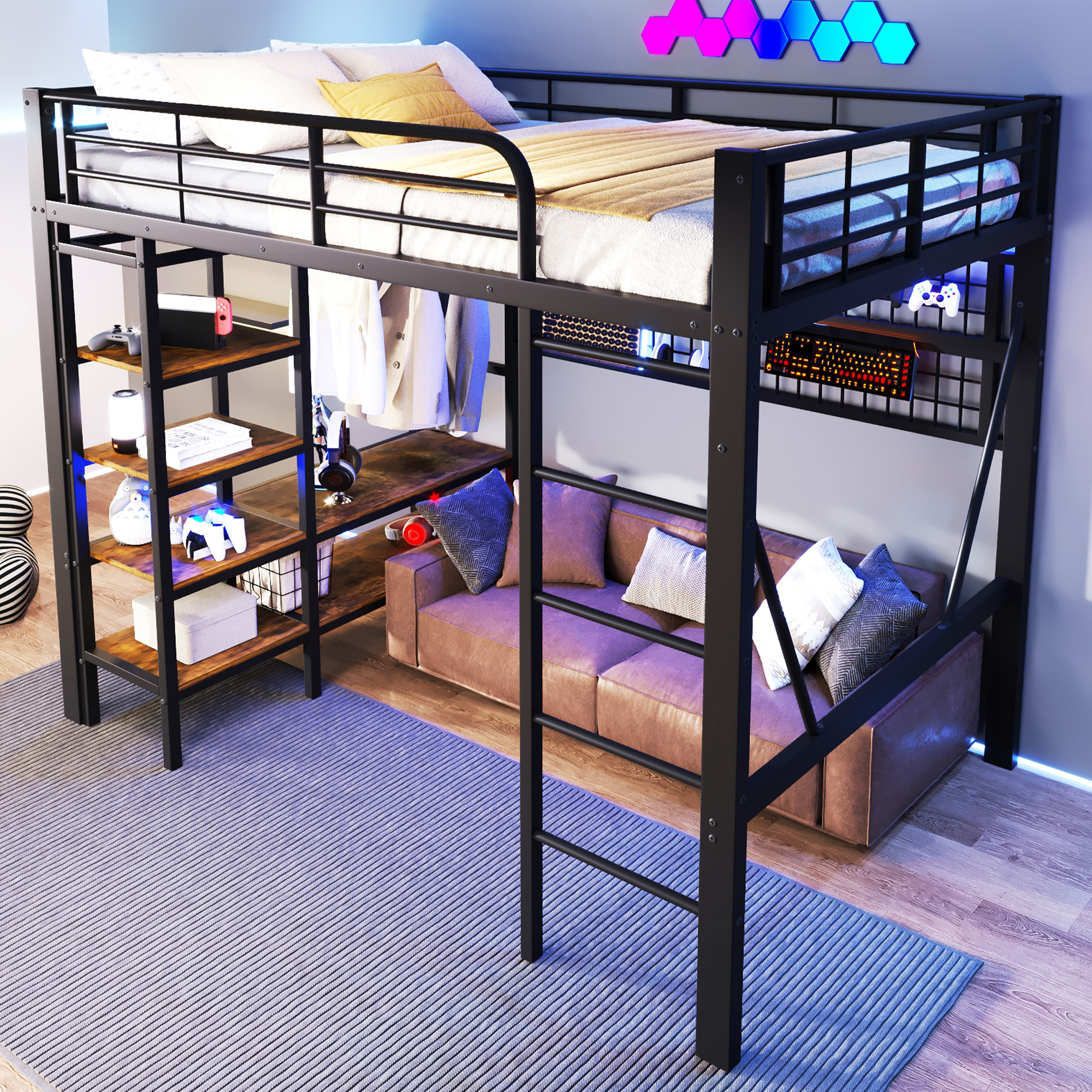 Stilvora Hochbett 140 X 200 Cm Mit Einstellbarer Led, Regal, Aufbewahrungsnetz Und Kleiderstange, Ohne Matratze, Aus Metall, Schwarz