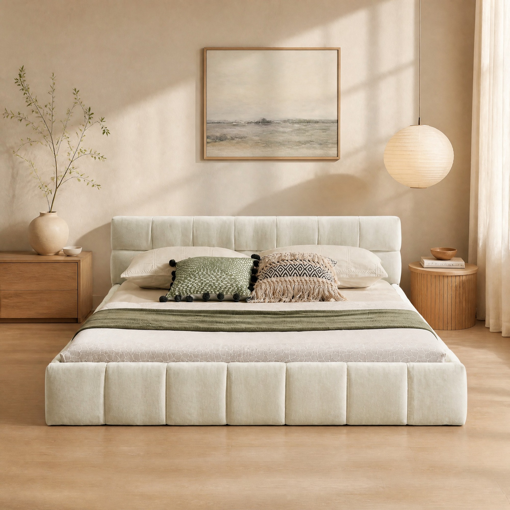Covreo Doppelbett 140x200 Cm Beige Aus Chenille Mit Eukalyptusholz Und Eisenrahmen, Gesteppte Oberfläche, Stabil
