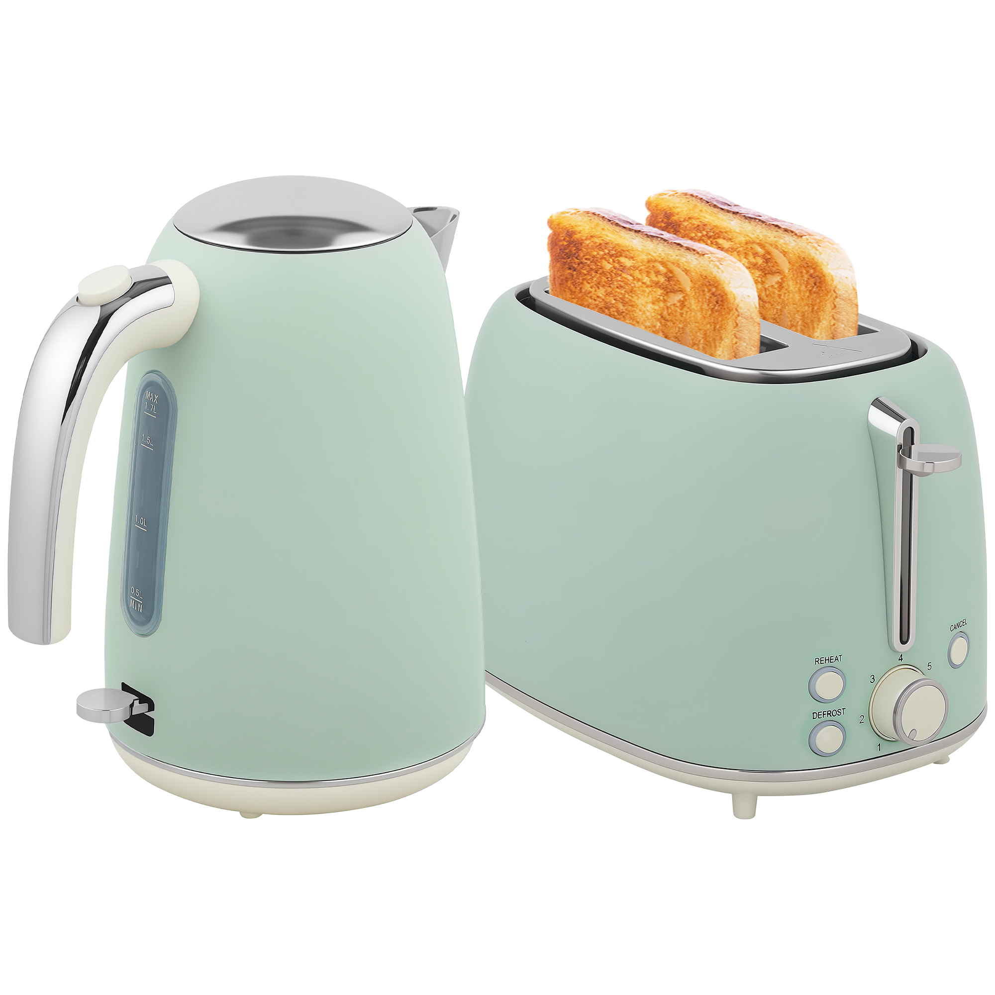Set Composto Da Bollitore E Tostapane, Bollitore In Acciaio Inox Da 1,7 Litri (2200 W) E Tostapane A 2 Fette, Colore Verde.
