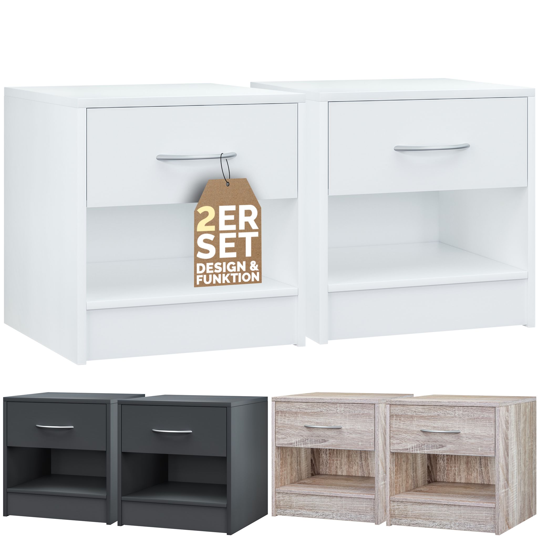 Nachttisch Mit Schublade Bett 41cm Komforthöhe Ablage Schlafzimmer Nachtschrank Nachtkästchen Nachtkommode Holz 41x39x28cm 2er Set Weiß - Casaria