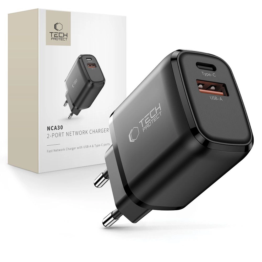 Tech-Protect NCA30 PD 30W / QC3.0 USB-A / USB-C Wandladegerät - schwarz (30 W, 2 Ports), USB Ladegerät, Schwarz - Bild 2