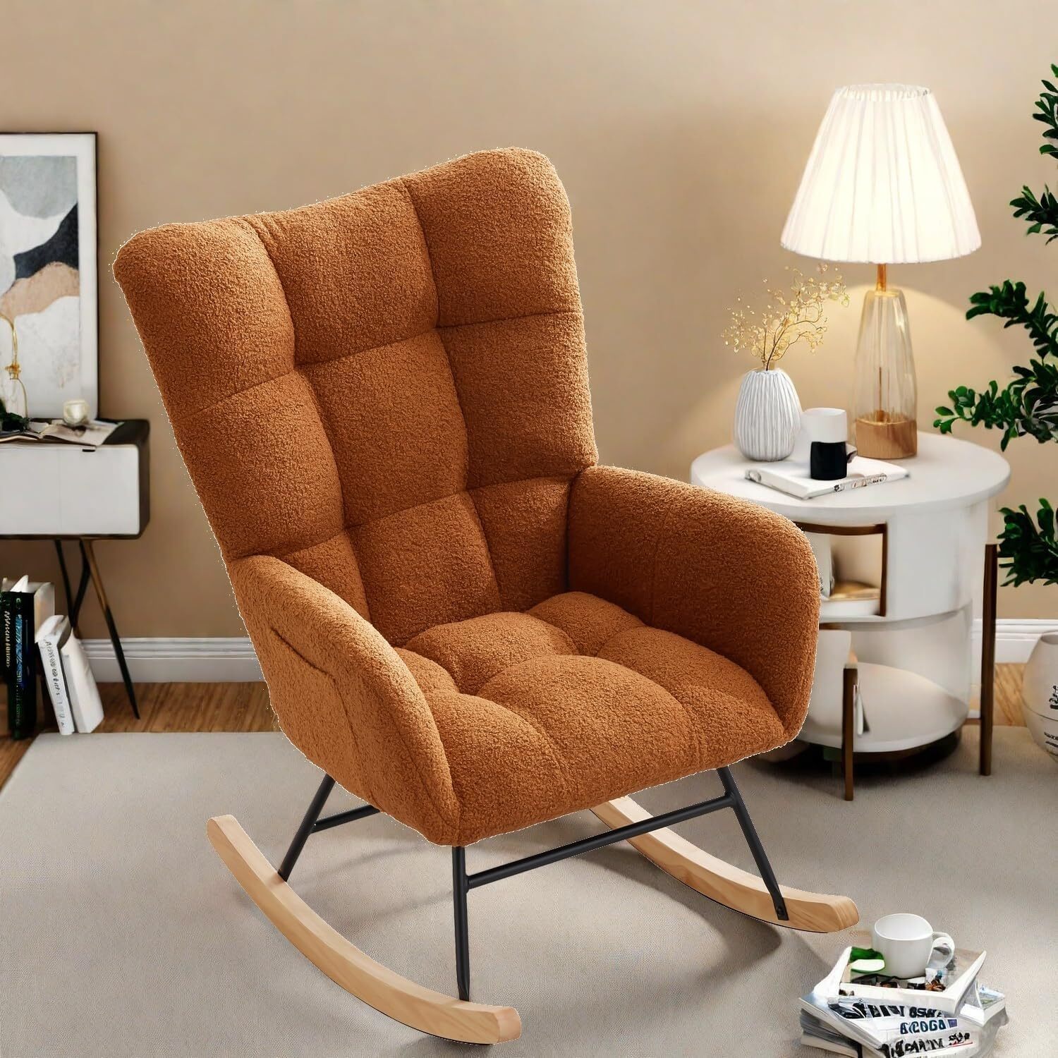 Fauteuil À Bascule,rocking Chair,revêtement,fauteuil Allaitement, Chaise À Bascule,structure En Acier,pieds En Bois Massif,marron
