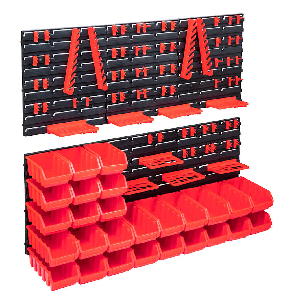 Kit de rangement mural 103 pièces, 6 panneaux, bacs empilables rouges et noirs