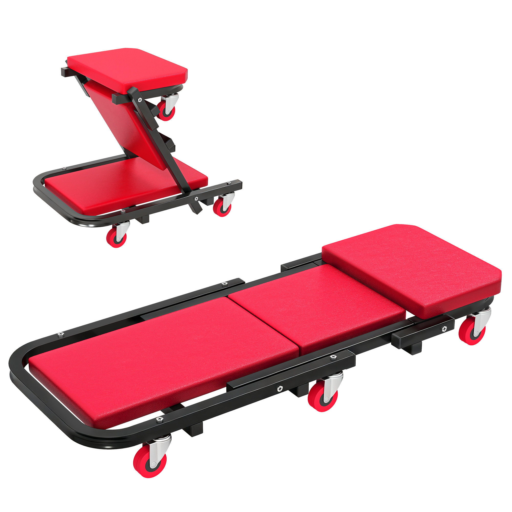 Chariot mécanicien pliable 2 en 1, planche à roulettes et tabouret, 150 kg, 101,5 x 40 x 13,5 cm, rouge