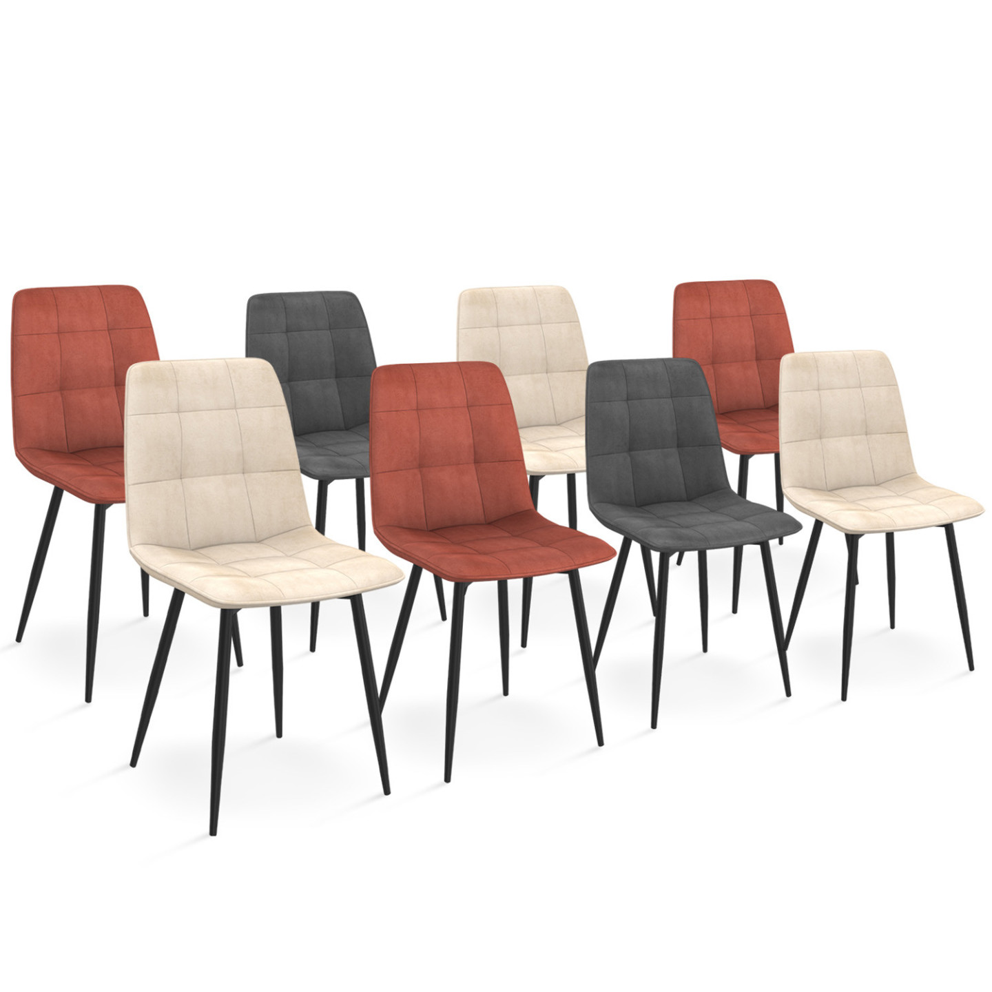 Lot de 8 chaises MILA en velours mix color terracotta x3, gris foncé x2, et beige x3