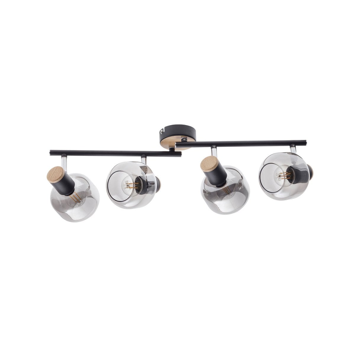 Plafonnier 4 Spots Orientables En Métal Noir Et Verre Fumé Avec Détails Bois E14 80 X 20 Cm - Pangivo