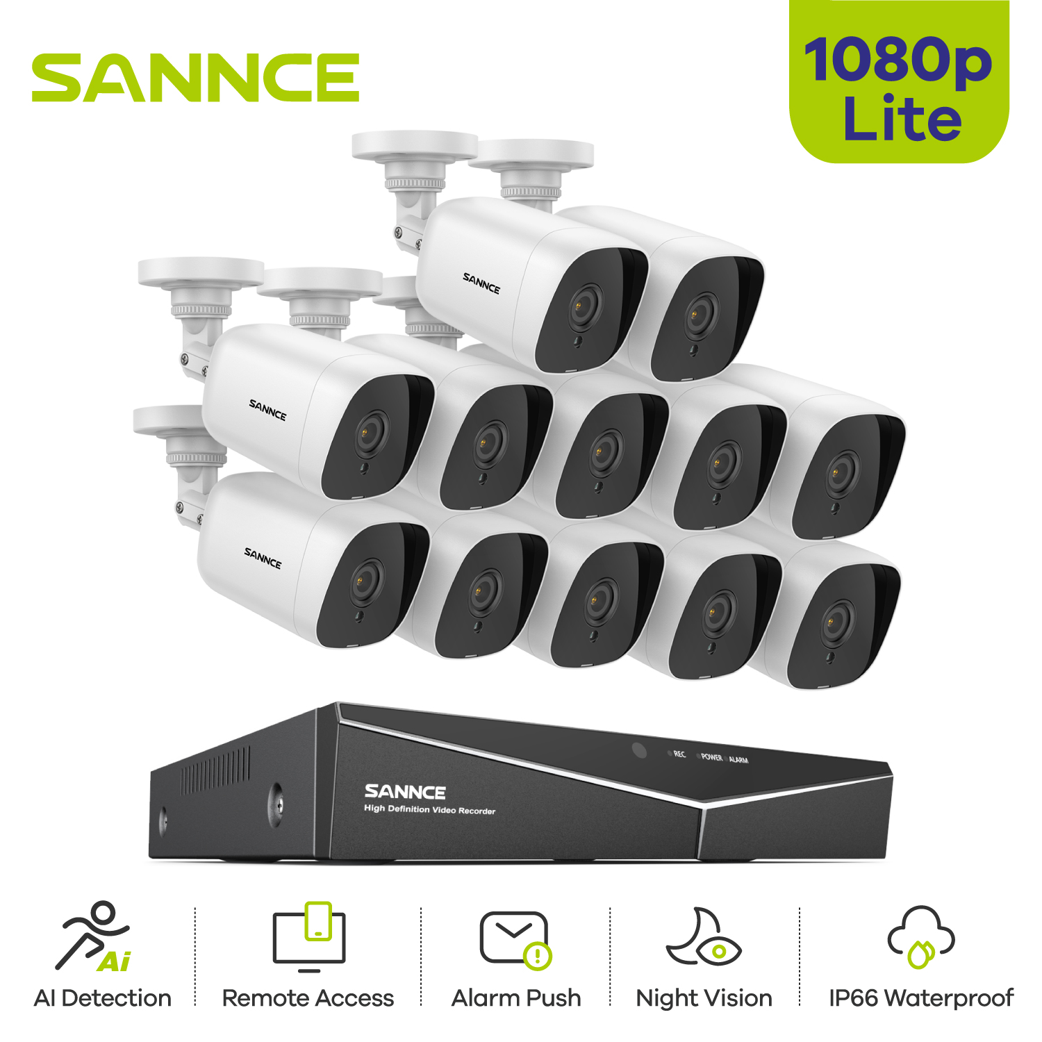 1080p 16ch Dvr Video Surveillance Kit Motion Detection Ir Night Vision Waterproof Remote Monitor System - Sannce