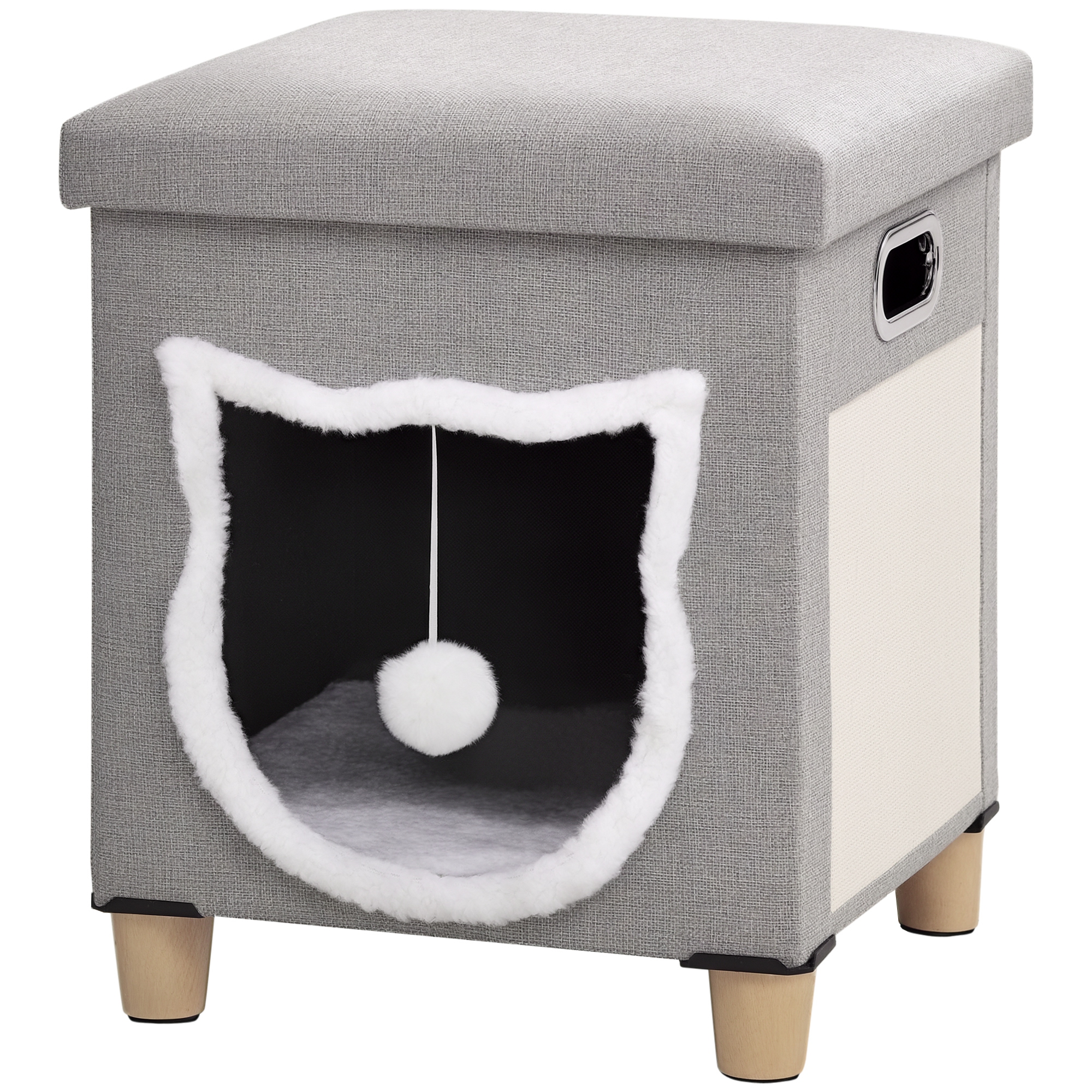 Katzenhöhle, Katzenhaus Mit Kissen, Katzenbett Mit Kratzmatte, Ottomane, Kuschelhöhle Mit Spielball, Anti-rutsche Katzenhütte, Polyester, Grau, 35,5 X 35,5 X 42,5 Cm - Pawhut