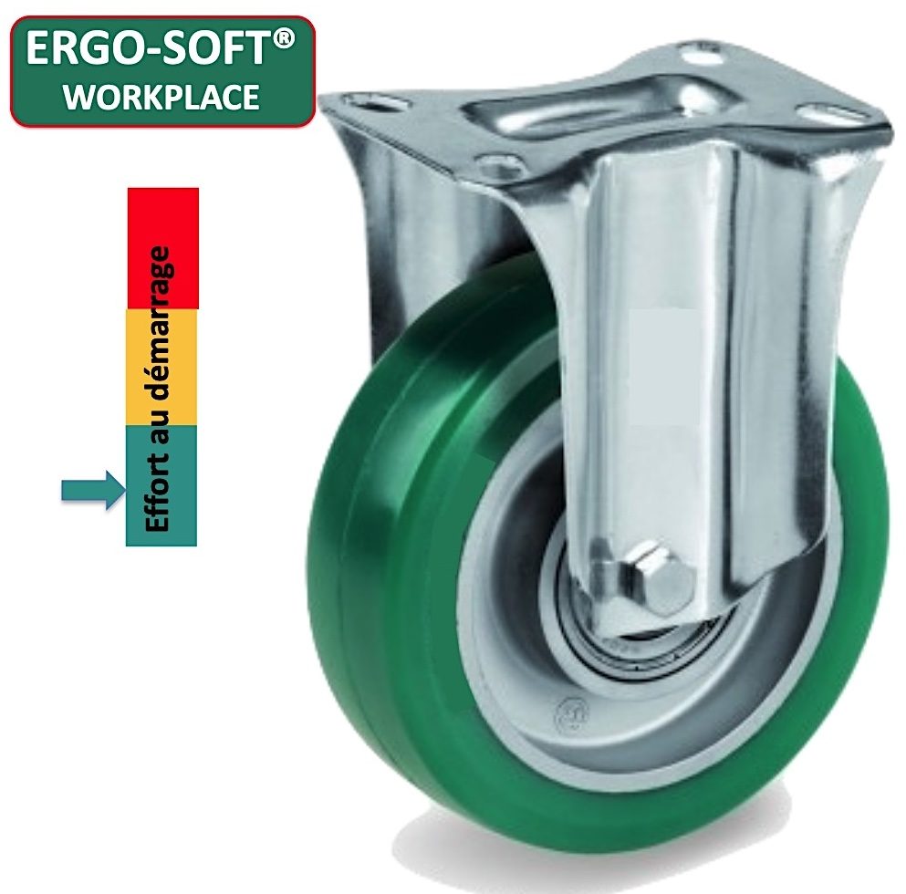 Roulette fixe diamètre 100 mm en polyuréthane vert Ergosoft, charge 200 kg
