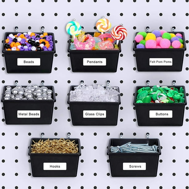 Bacs à pegboard avec crochets et étiquettes en plastique et acier, 9 x 8 x 4,5 cm, lot de 8