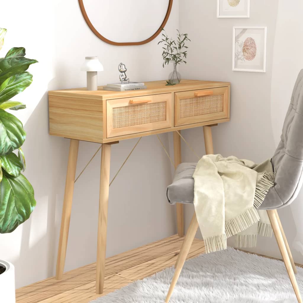 Table Console Marron 80x30x75 Cm Bois Massif Pin /rotin Naturel
