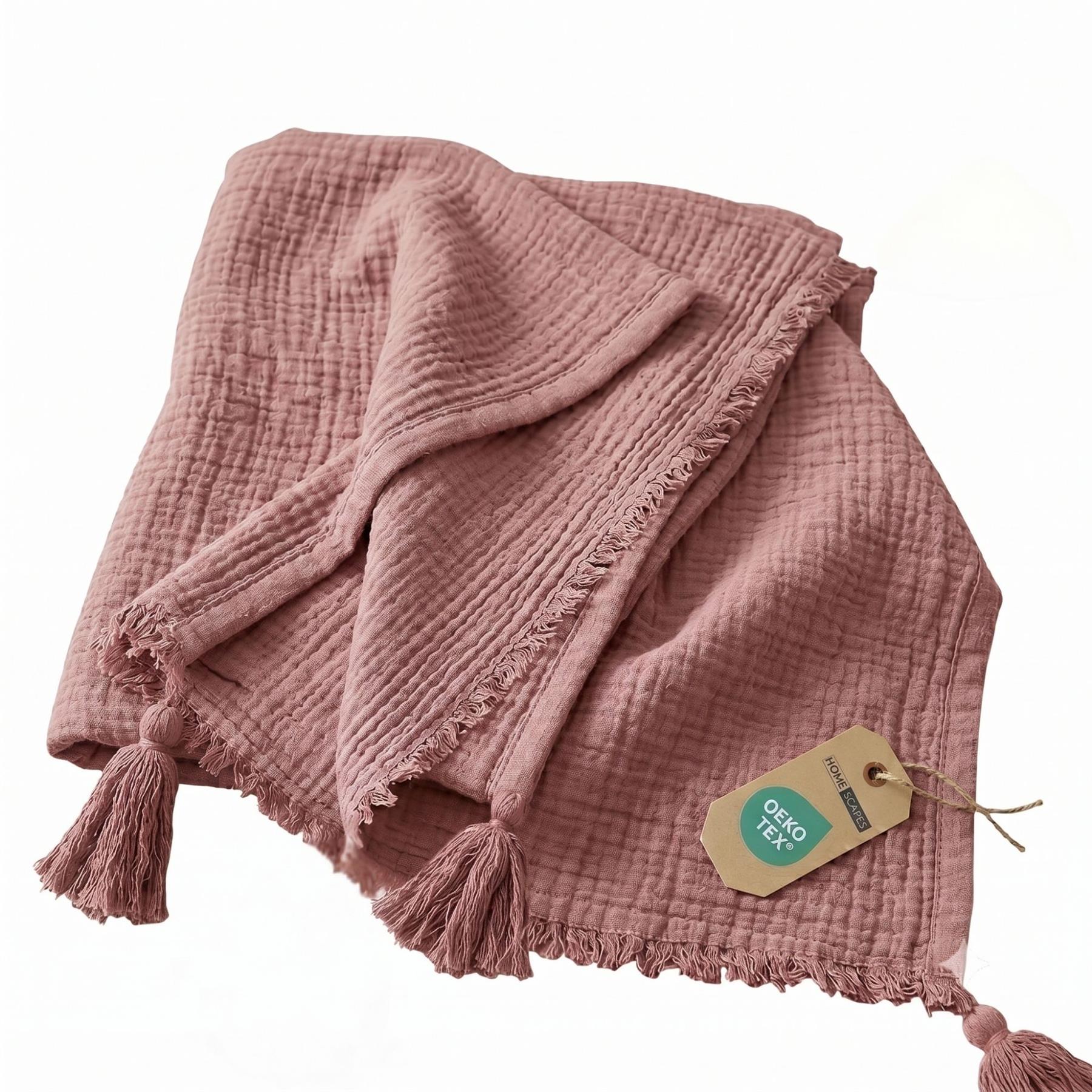 Homescapes Musselin-decke Rosa Mit Quasten, 127 X 180 Cm – 100 % Baumwolle