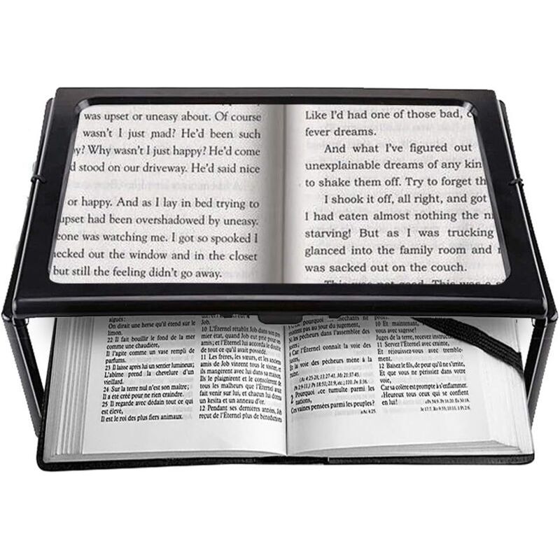 Loupe de lecture A4 grossissement 3x avec 4 LED, jambes pliables et cordon de cou, PVC souple, 27,5 x 20,5 cm