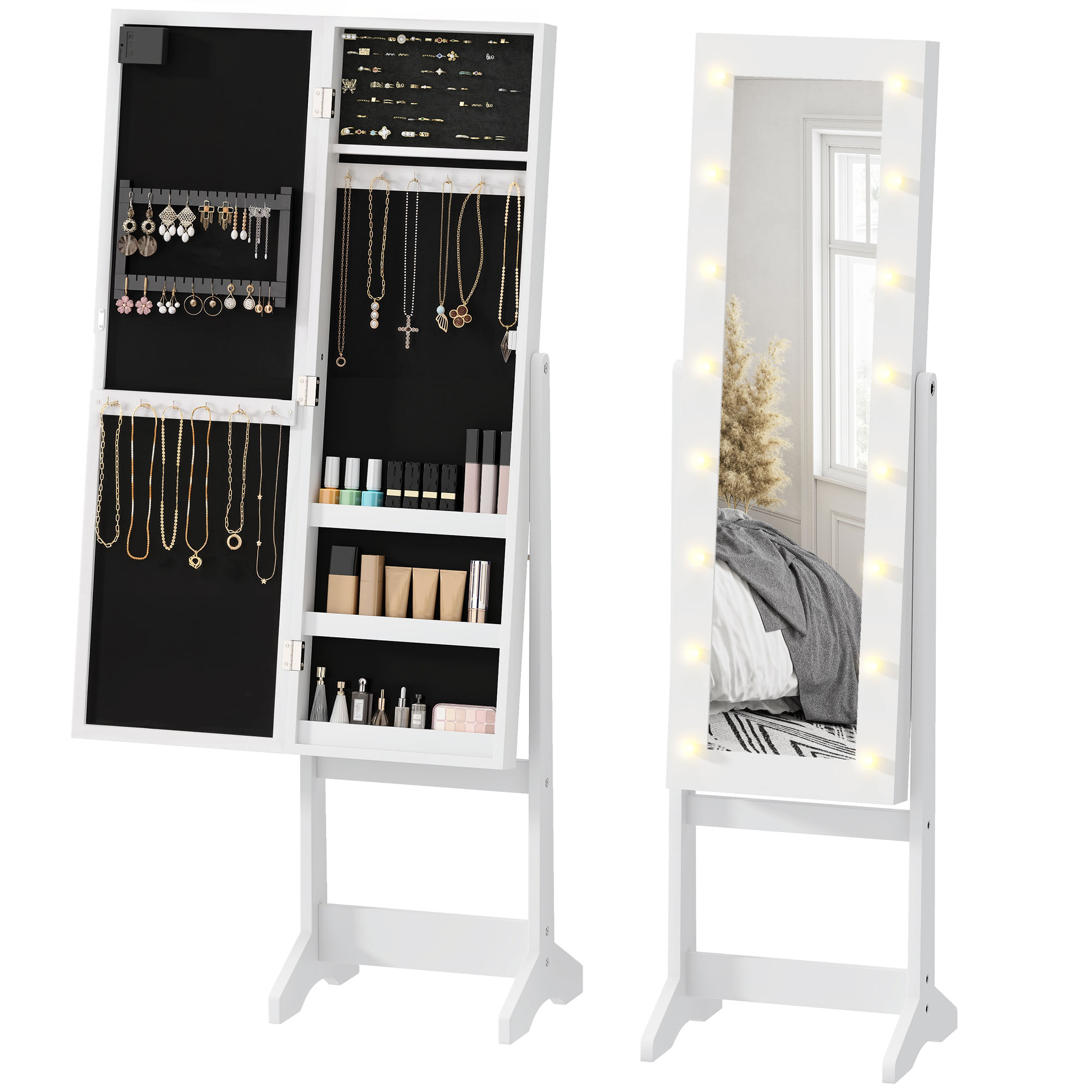 Homcom – Armoire À Bijoux Sur Pieds Avec Miroir Et Éclairage Led – Mdf