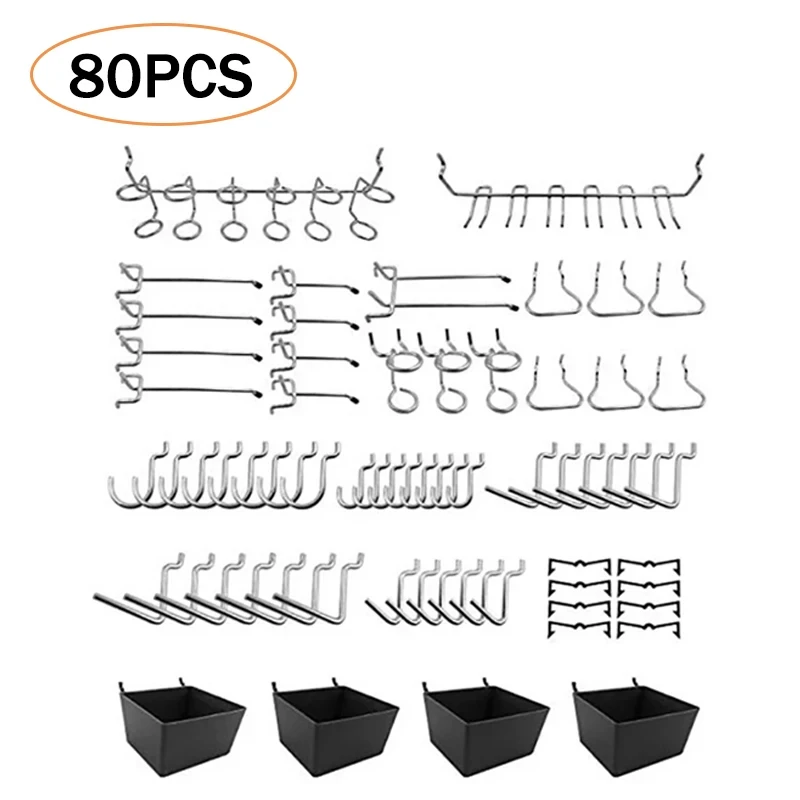 Crochets pour panneau perforé en acier chromé, lot de 80, gris