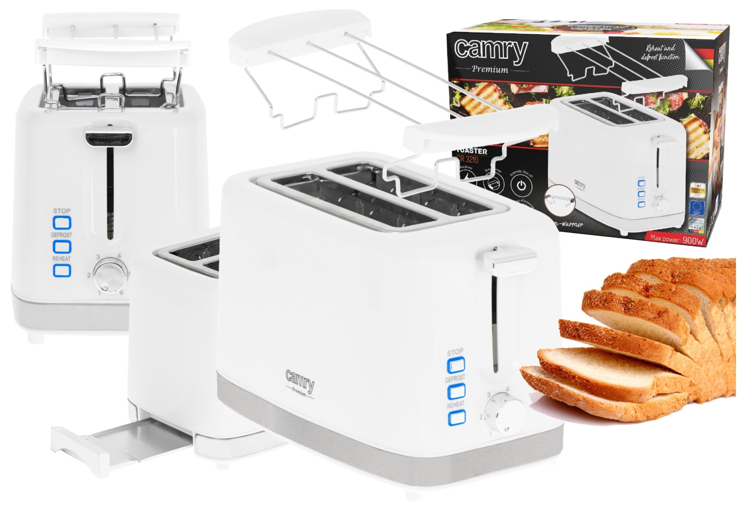 CAMRY Toaster 2 Scheiben mit Brötchenaufsatz - 8 Bräunungsstufen - Auftaufunktion, Liftfunktion, Abschaltautomatik - 900W - Weiß - Bild 4