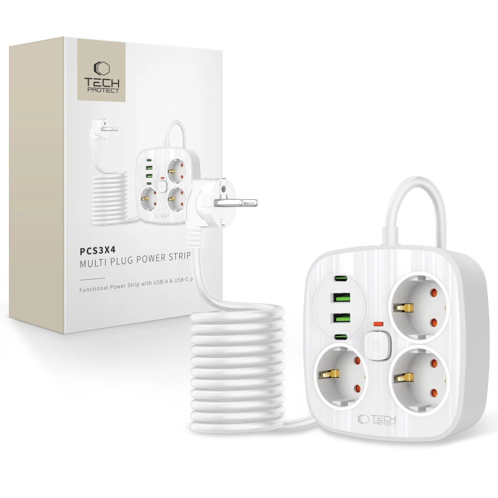 Oem Tech-Protect Pcs3x4 Steckdosenleiste, 3 Steckdosen, 2X Usb-A, 2X Usb-C, 200 Cm – Weiß 5906302363421
