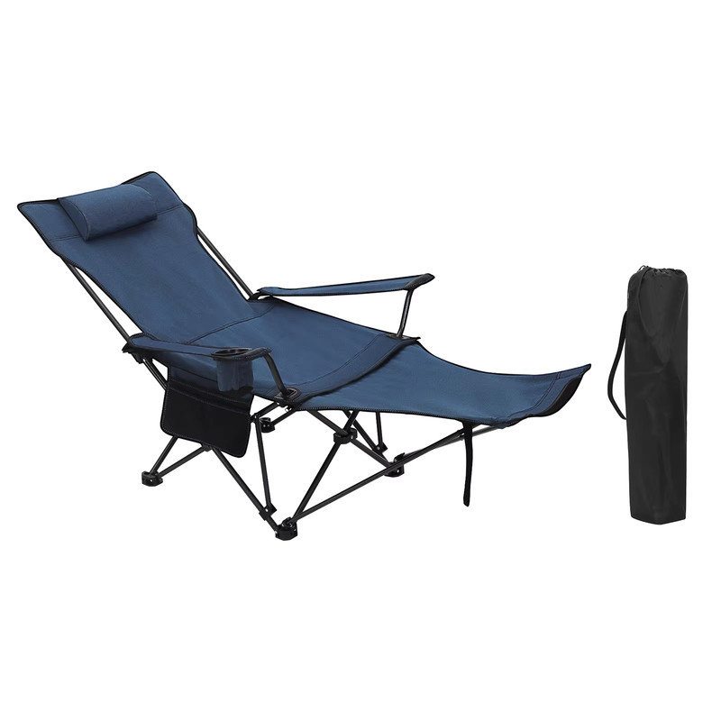 Transat Pliable Bain De Soleil, Chaise Longue Légère Pour Camping Et Pêche, Dossier Confortable, Appui-tête Amovible, Repose-pieds Extensible, Usage Extérieur, 160 × 84 × 44 Cm, Bleu