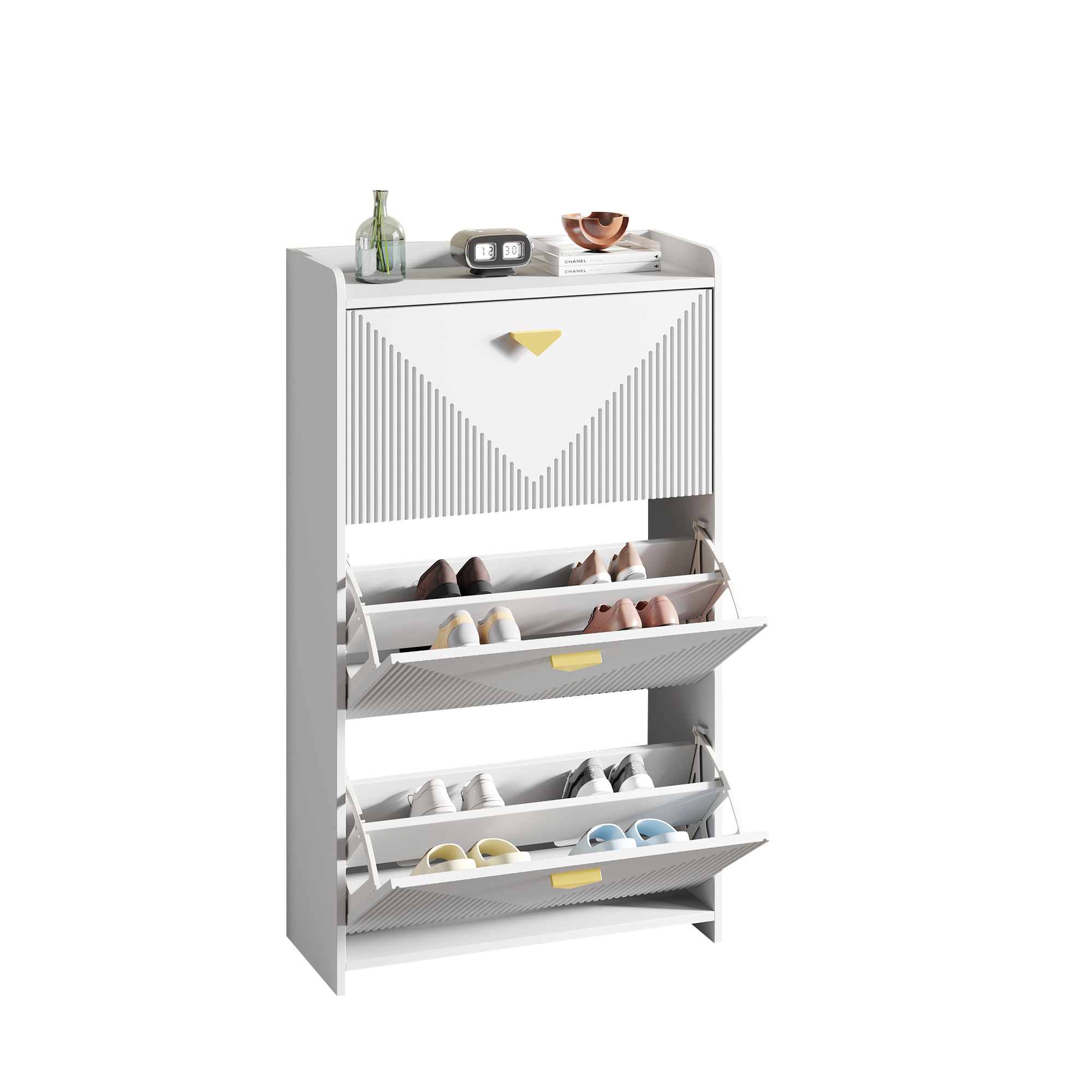 Stilvora Schuhschrank Mit 3 Klapptüren Und 6 Fächern, Verstellbaren Trennwänden, Für Flur, Aus Mdf, Weiß, 70 X 30 X 120 Cm