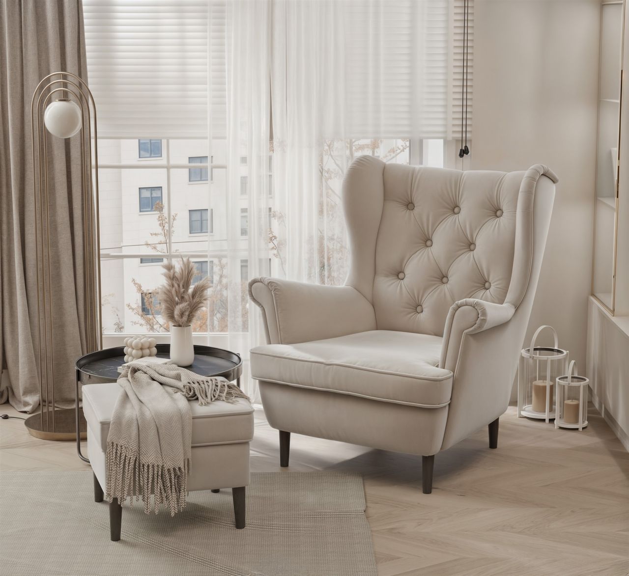 Fun Möbel Beige Sessel Ohrensessel Ninon Inkl. Hocker In Stoff Trinity - Bild 2