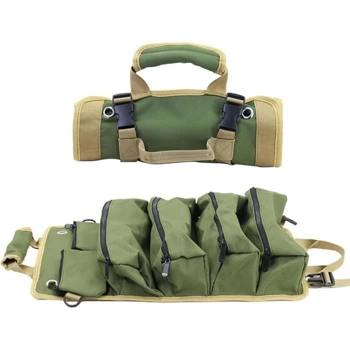 Sac à outils enroulable en toile Oxford 900D imperméable, 5 poches zippées, vert