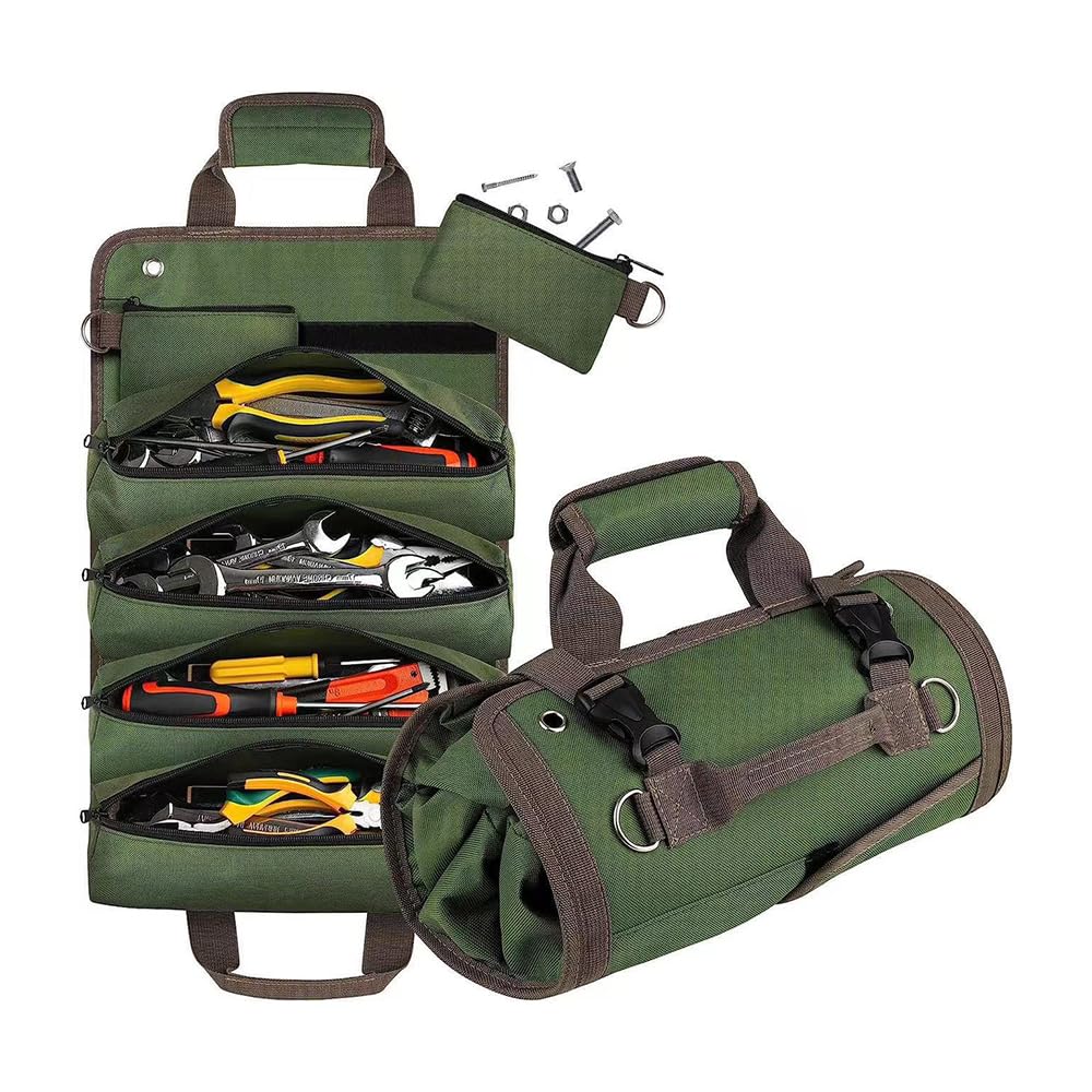 Trousse à outils enroulable en tissu Oxford et PVC, 5 poches, vert
