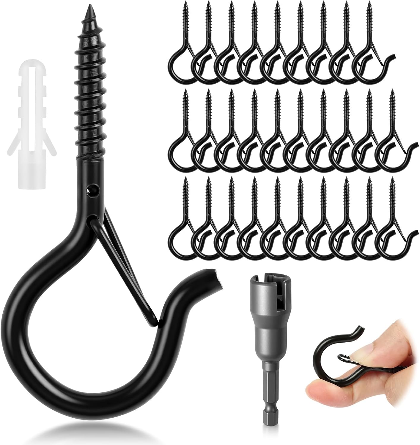 Crochets à visser M5 en acier au carbone antirouille noir, 18 kg, avec boucle de sécurité, lot de 30