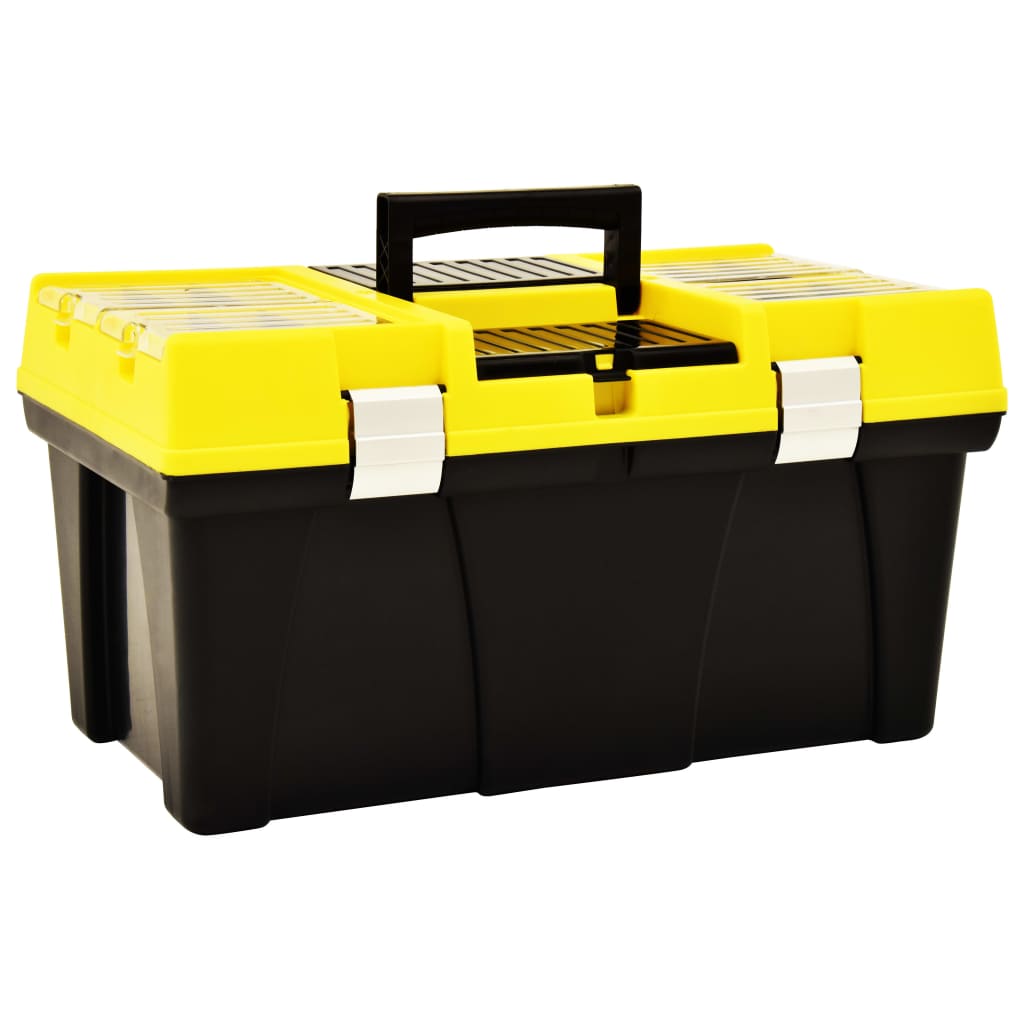 Boîte à outils en plastique avec compartiments et séparateurs réglables, 595 x 337 x 316 mm, jaune et noir