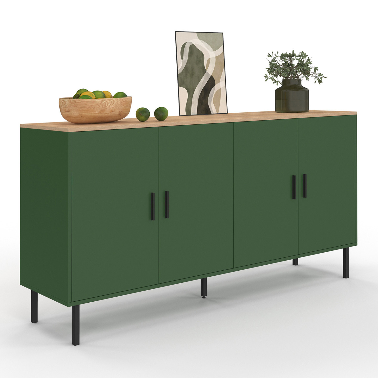 Idmarket – Buffet 160 Cm 4 Portes Vert Kaki – Plateau Bois – Structure Métal – Rangement Optimisé – Design Moderne