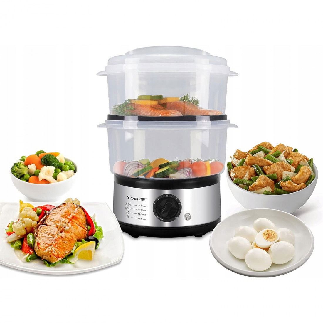 Beper - 5 L Multifunktionaler Dampfgarer, Kompaktspeicher, 60-Minuten-Timer, Leistung 400-500 W, - Silber und Schwarz - Bild 3