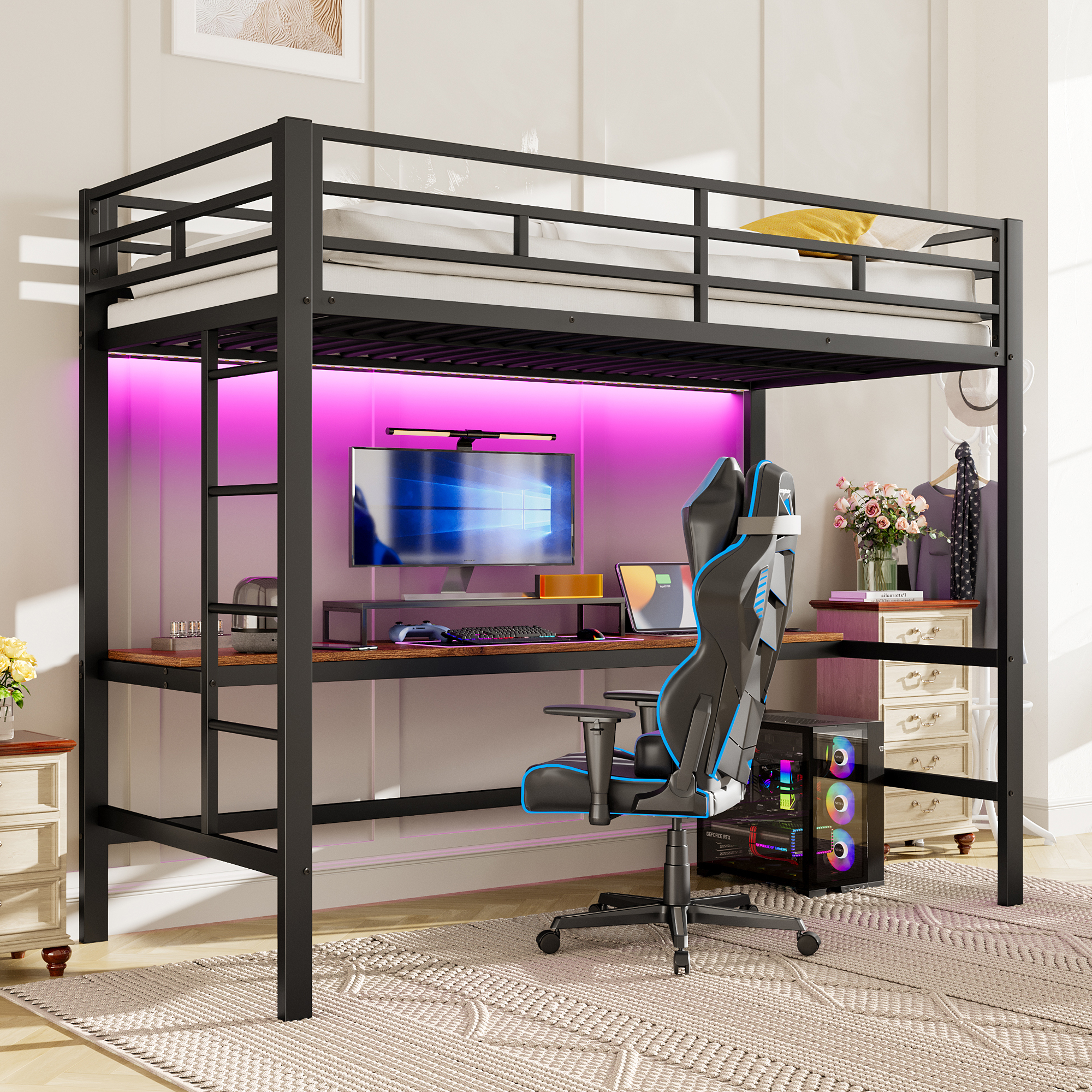 Stilvora Hochbett 90 X 200 Cm Mit Schreibtisch, Usb, Type-c Und Led Regulierbar, Ohne Matratze, Aus Metall, Schwarz