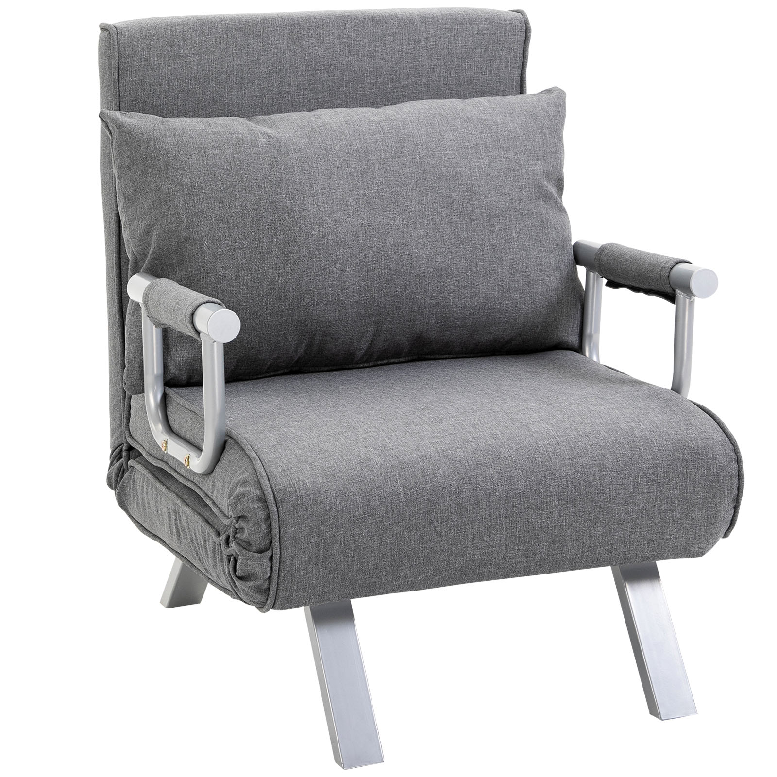 Fauteuil Chauffeuse Canapé-lit Convertible 1 Place Déhoussable Grand Confort Coussin Pieds Accoudoirs Métal Lin Gris Clair