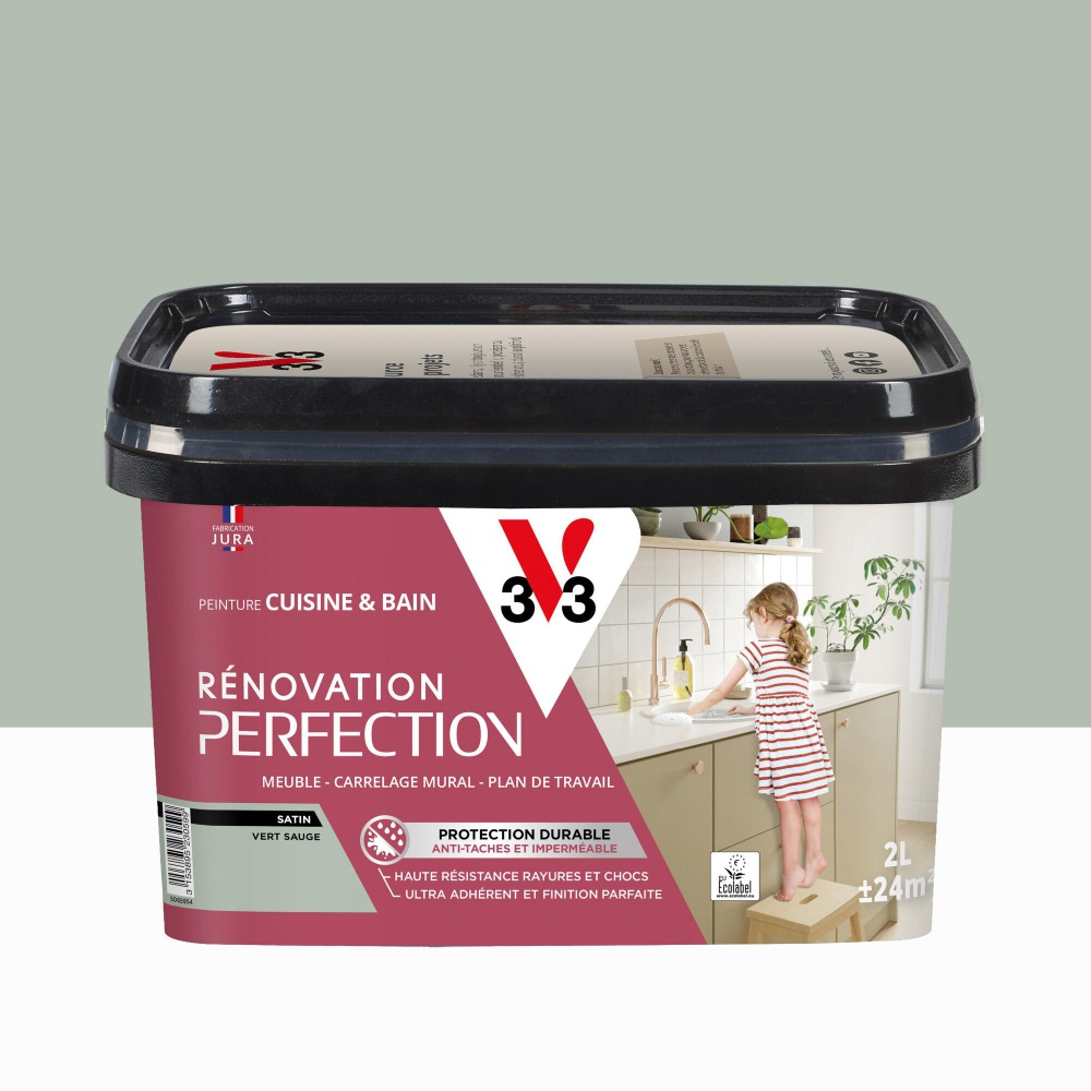 V33 – Peinture Meuble 2l Vert Sauge Satin – Antitache Acrylique Pour