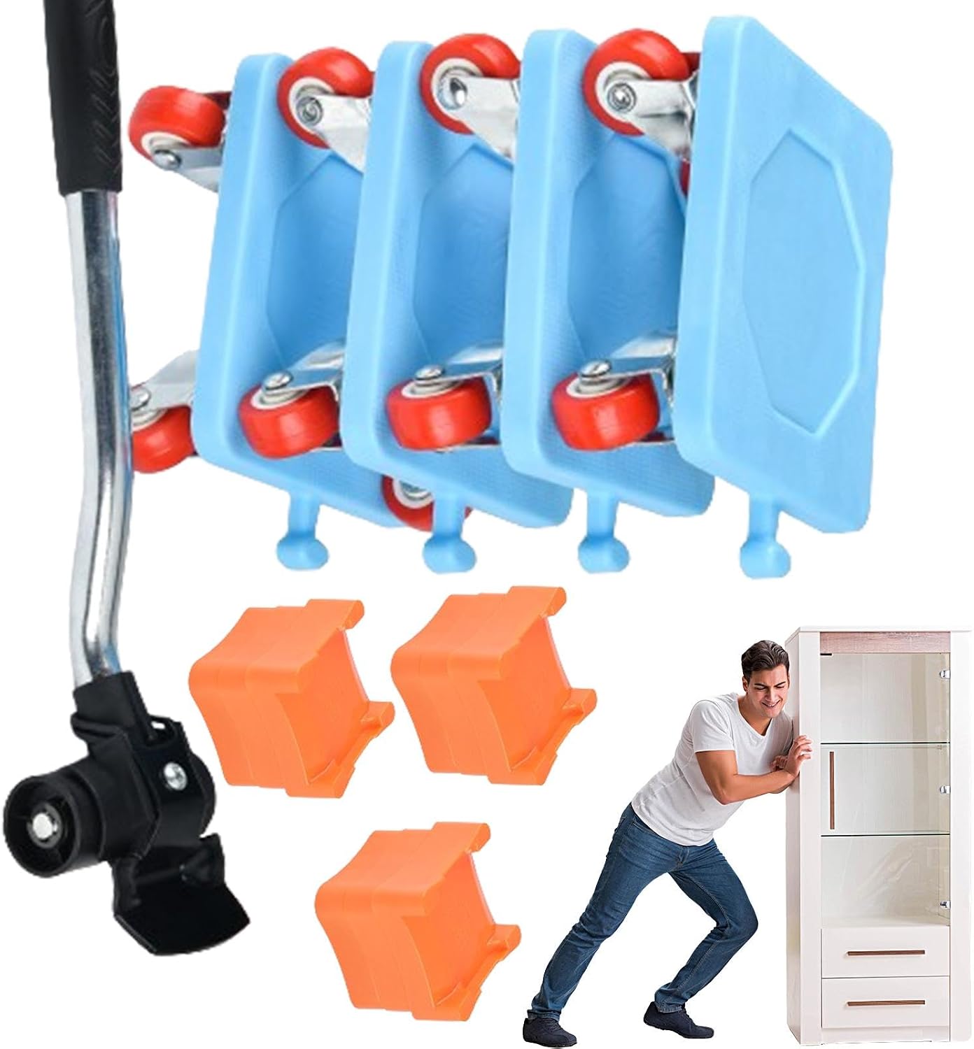 Outil de levage pour meubles à roulettes, charge 500 kg, levier 32 cm, 3 blocs et 4 bases
