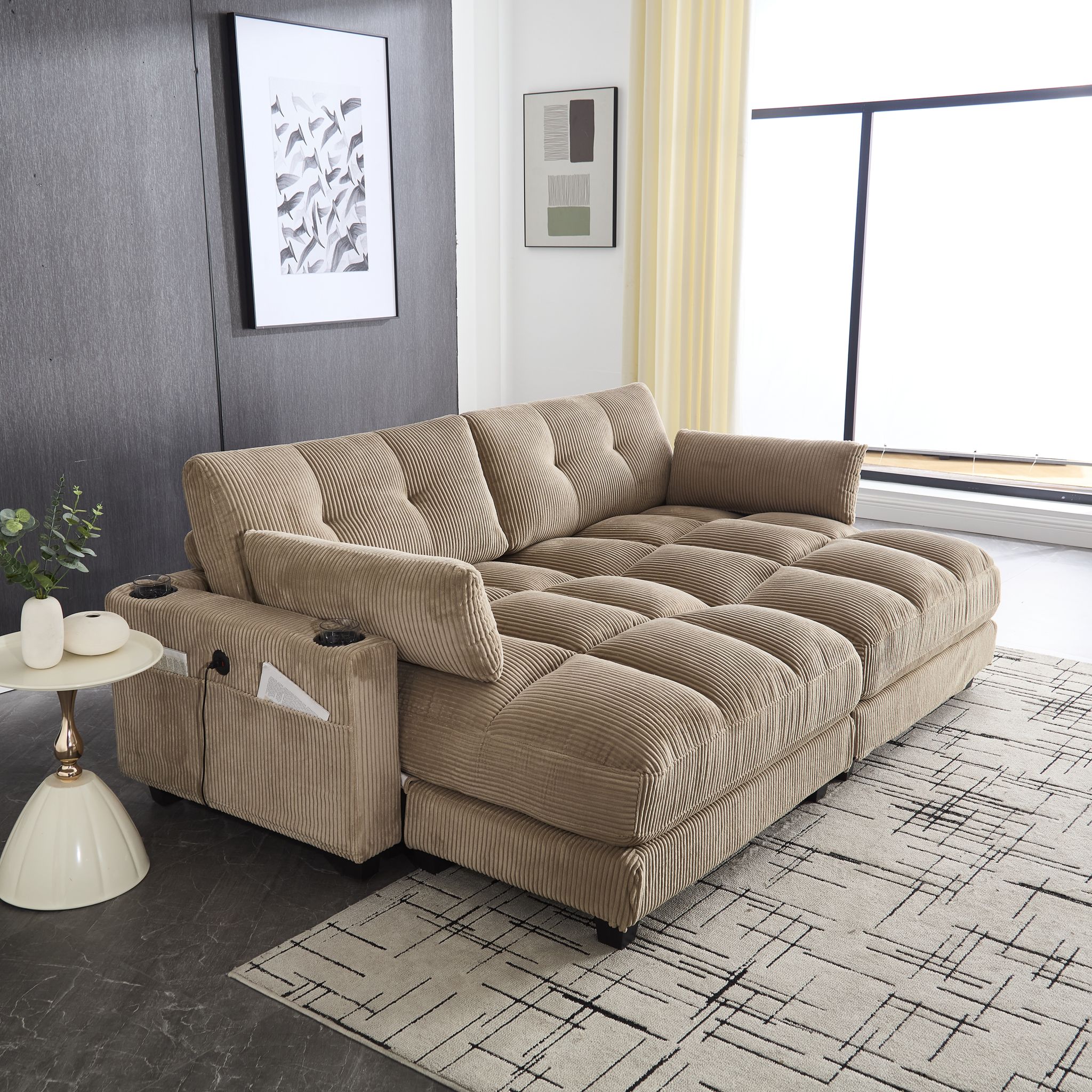 Canapé Modulable Xl 2 Places En Velours Côtelé Avec Porte-gobelets