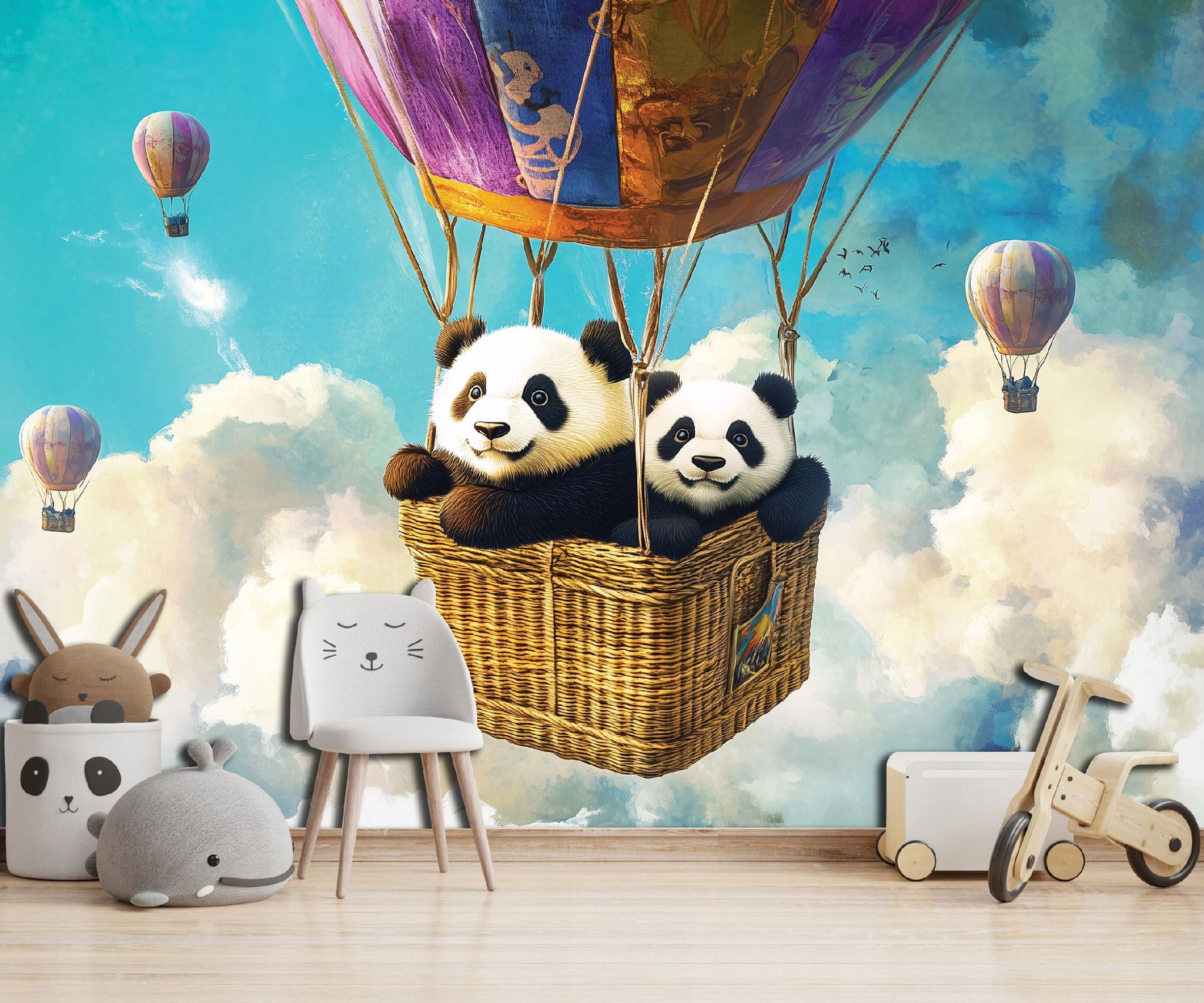 Wallarena Vlies Fototapete Kinderzimmer 250x175 Cm Tiere Pandas - Fototapeten Tapeten Für Kinder Mädchen & Jungen - Kindertapete - Kinderzimmertapete Wolken