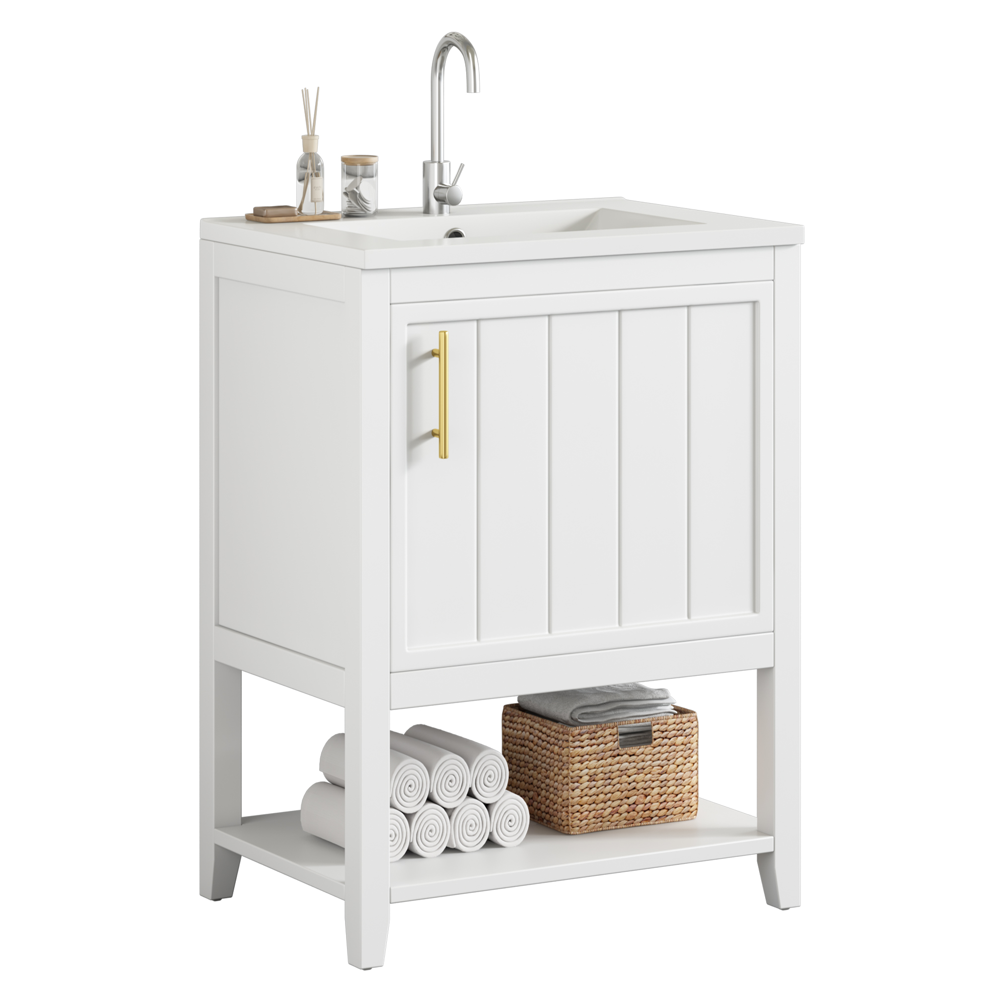 Stilvora Waschtischunterschrank Mit Innenregal, Bodenstehend, Aus Mdf Und Keramik, Weiß, Für Das Badezimmer