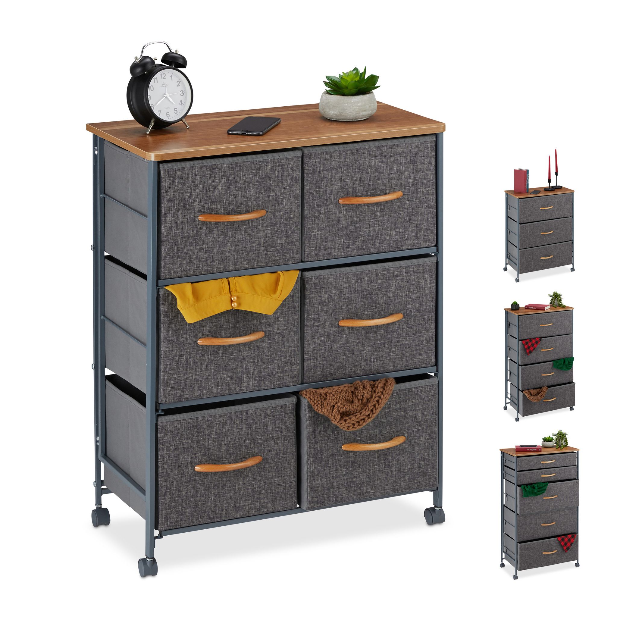 Schubladenschrank Mit Rollen, 6 Stoff Schubladen, Deko Stoffschrank, Holzoptik, Hbt 74, 5 X 58 X 30 Cm, Grau - Relaxdays