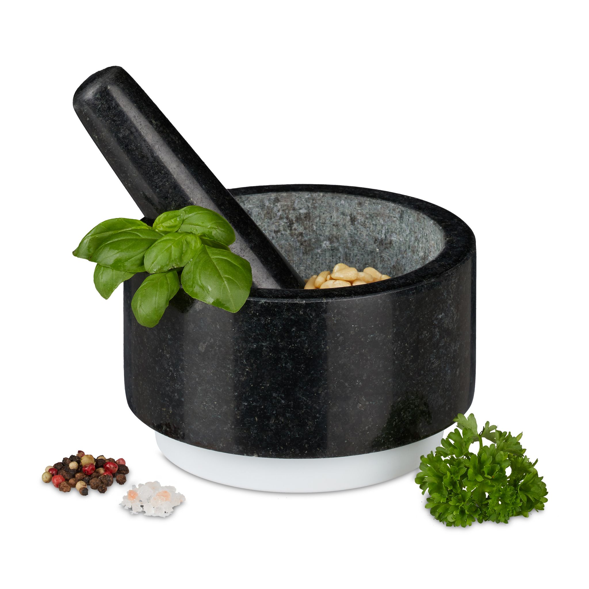 Relaxdays - Granit Mörser Mit Stößel, Langlebig, Gewürze, Kräuter, Rutschfest, Steinmörser, Ø 14 Cm, 400 Ml, Grau/Weiß 4052025299545