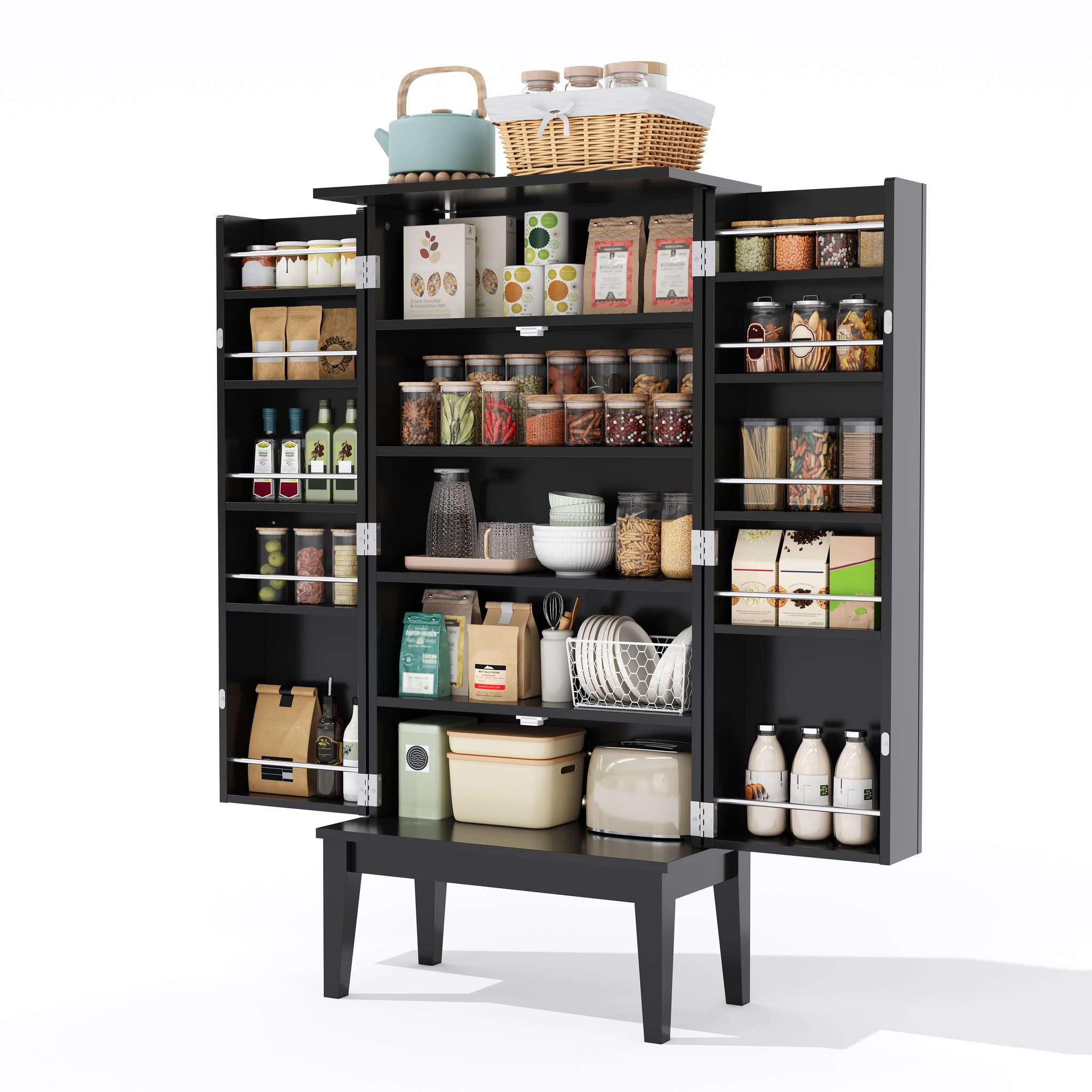 Stilvora Kuchenschrank Mit 2 Turen Und 5 Fachern, Turablagen, Vintage-stil, Aus Mdf, 120 X 59 X 30 Cm, Schwarz