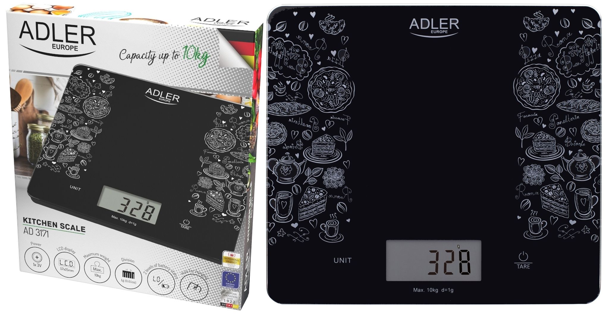 Fabrilamp Schwarz Elektronische Küchenwaage Bis 10 Kg, Genauigkeit 1 G Adler Ad3171 - Bild 3