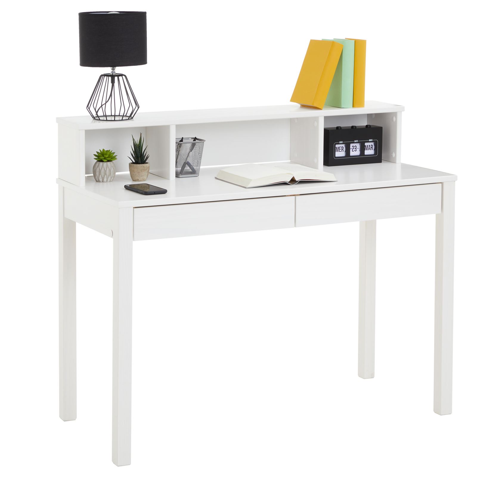 Idimex - Bureau Lennox, Avec 2 Tiroirs Et 3 Niches, En Pin Massif Lasuré Blanc