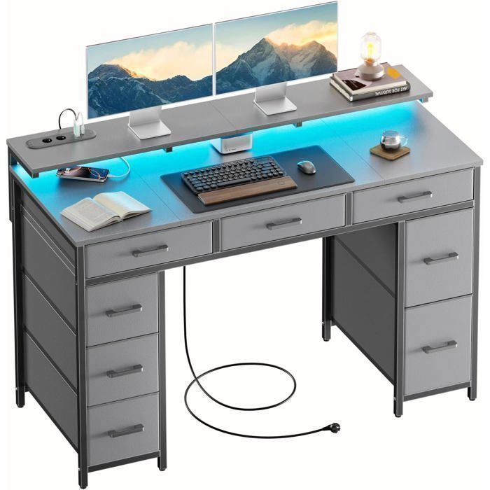 Ecofurnix - Bureau Gaming Ergonomique - 8 Tiroirs - Métal Et Bois D'Ingénierie - Gris - 120 X 50 Cm
