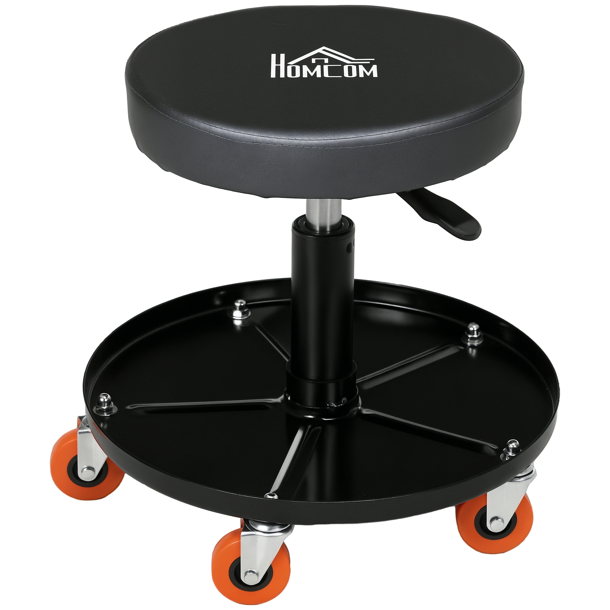 Tabouret d'atelier pivotant sur roulettes, hauteur réglable 38 à 48 cm, porte-outils, noir Ø40 cm
