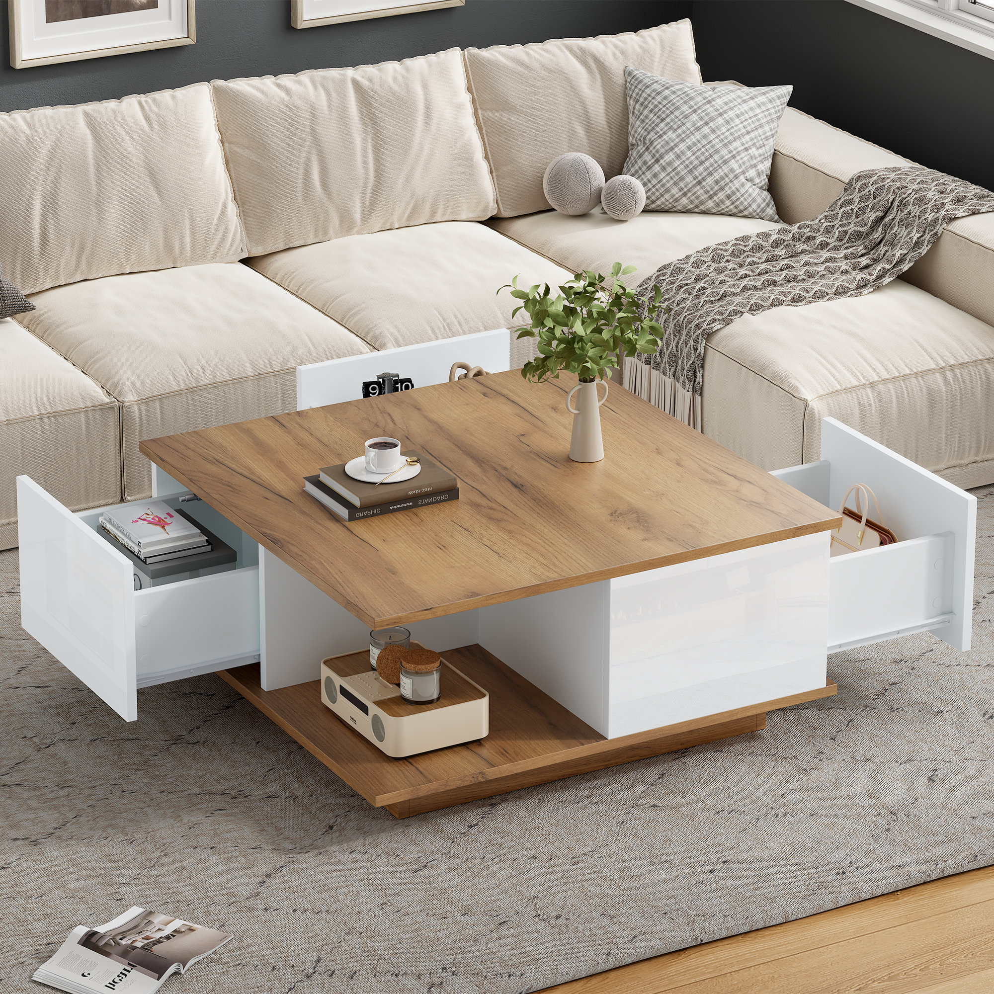 Table Basse Carrée Avec 3 Tiroirs Et Niche Semi-ouverte, Surface Laquée Brillante, Pour Salon, Blanc Et Noyer, 70 X 70 X 31.5 Cm