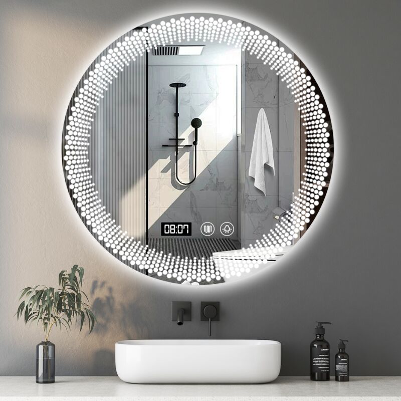 Miroir Lumineux De Salle De Bain Rond 70cm – Affichage Heure Et