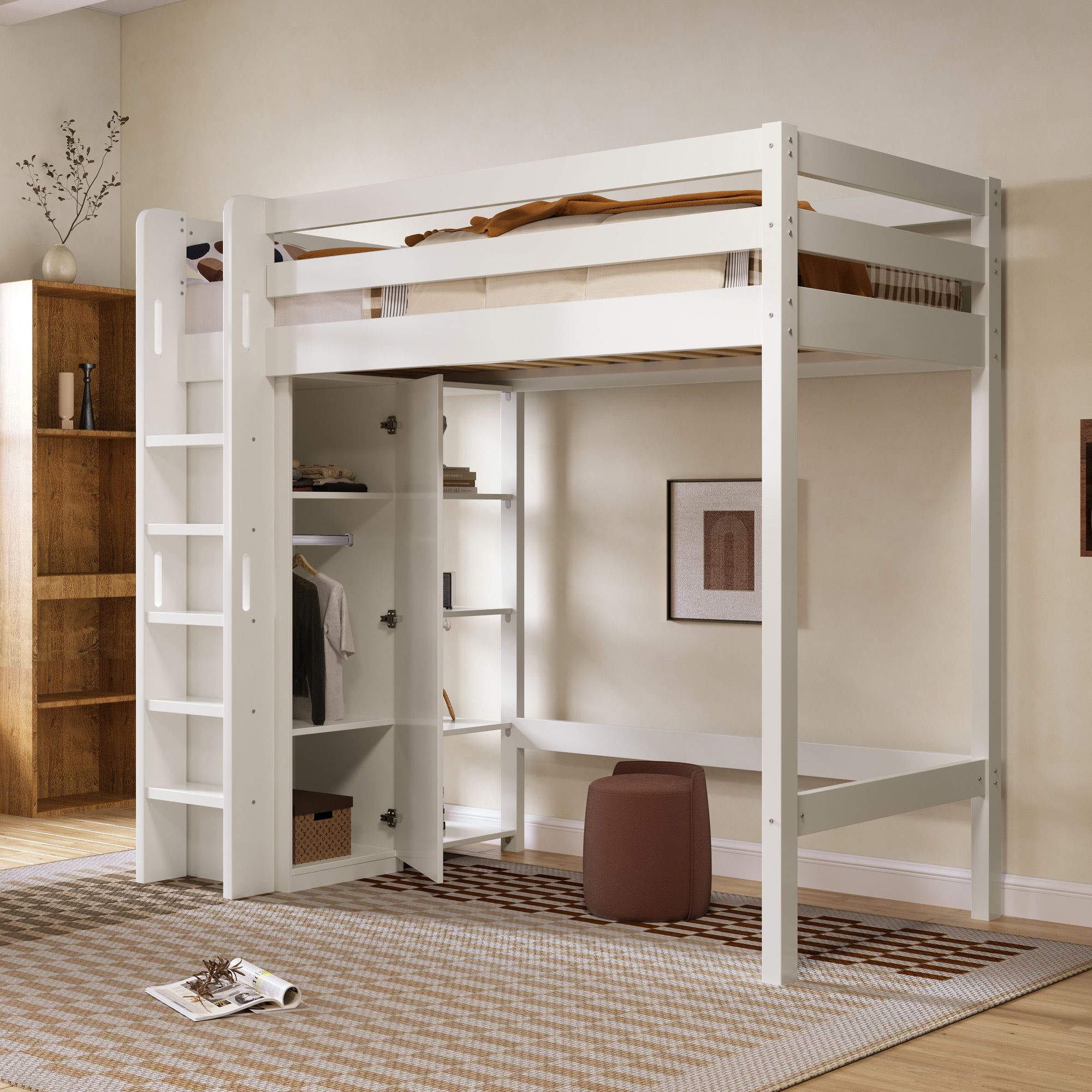 Modernluxe - Lit Mezzanine 90x200cm En Bois Massif - Avec Une Armoire