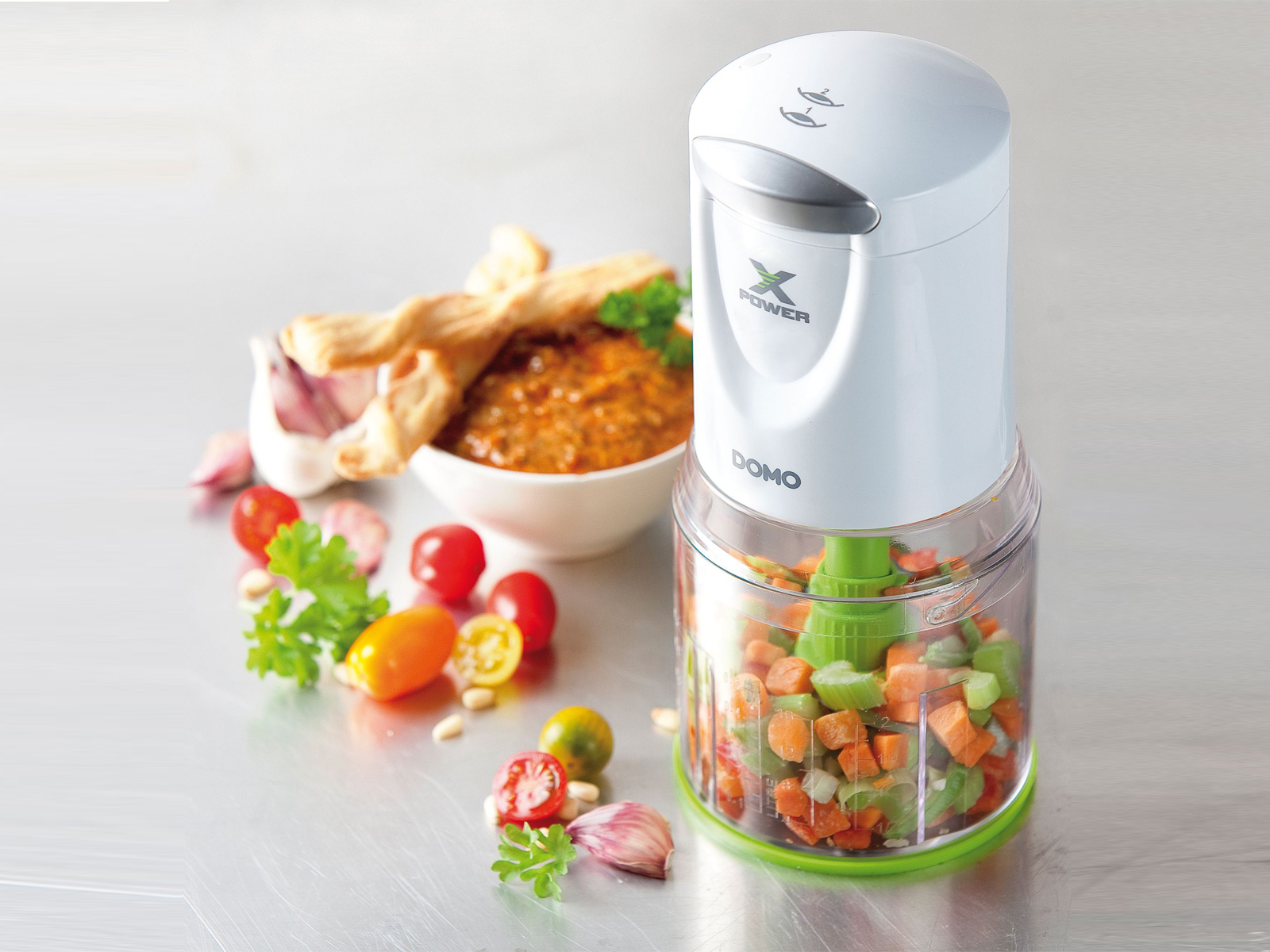 Domo Weiß - Kompakter Zerkleinerer Xpower 500Ml, 2 Stufen, 4 Klingen, 400 Watt