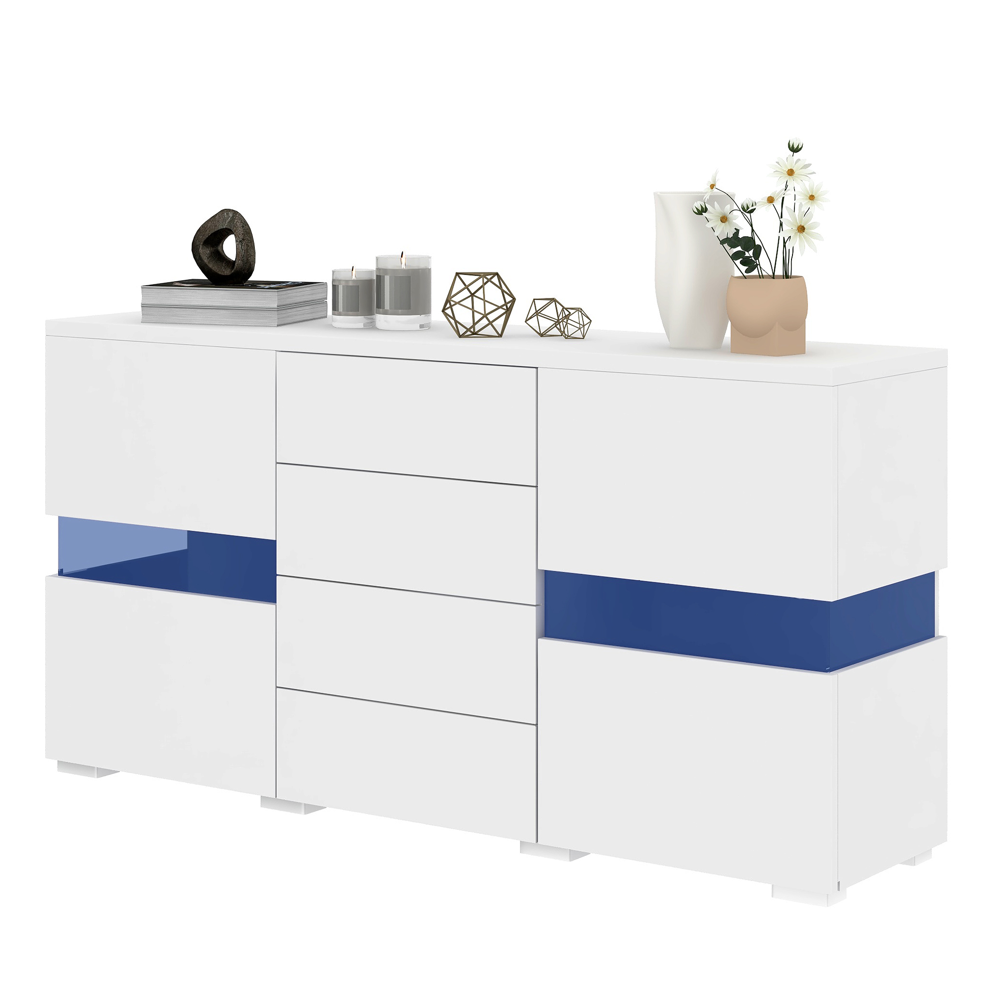 Stilvora Sideboard Mit 2 Acrylturen Und 4 Schubladen, Led Per App, Fur Wohn Oder Esszimmer, Mdf, Weiss, 140 X 35 X 72 Cm